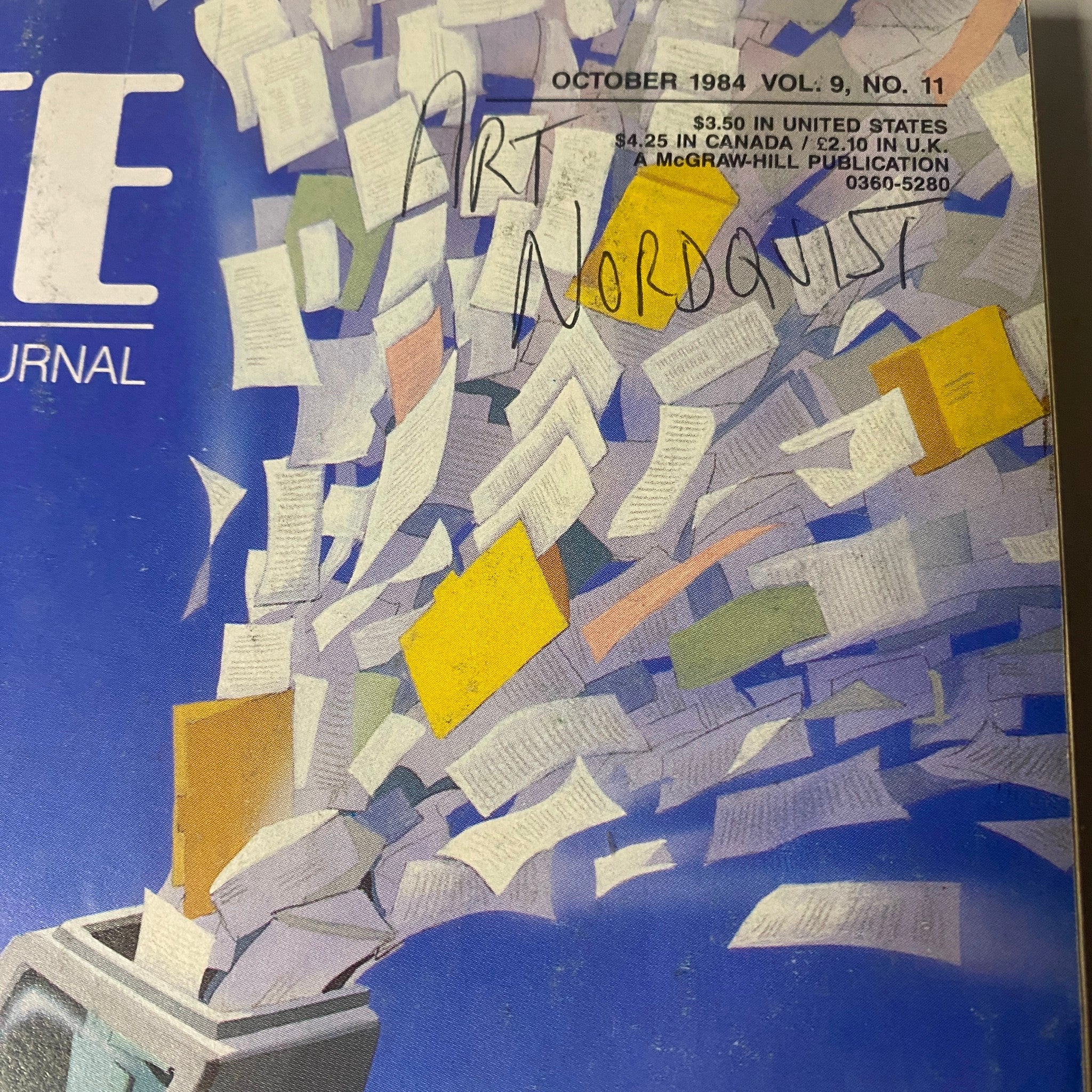 Close-up of Byte Magazine October 1984 Vol 9 No. 11 cover showing hand-written notes on the issue, emphasizing the focus on databases and computing.