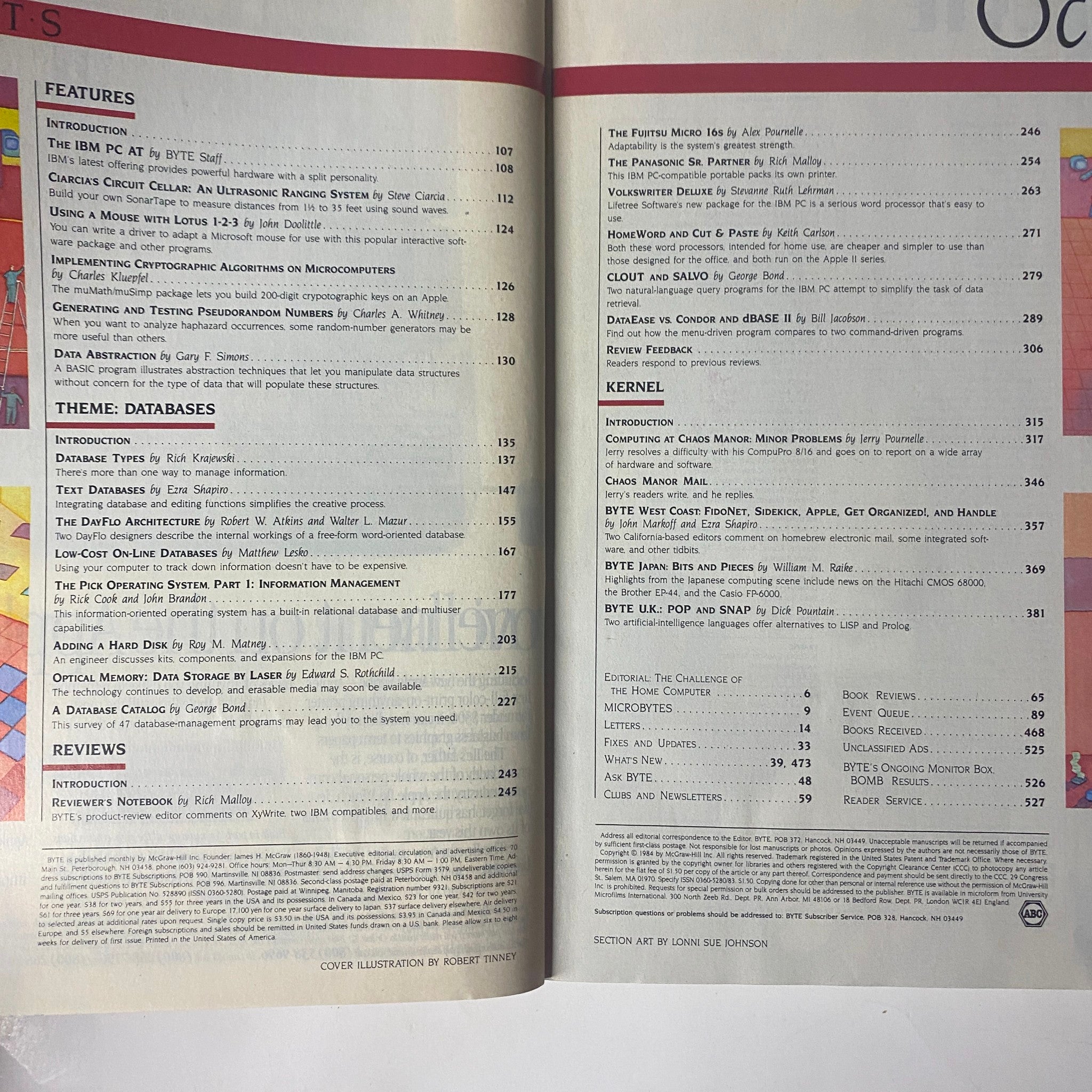 Table of contents from Byte Magazine October 1984 Vol 9 No. 11, listing features on databases, hardware, and tutorials relevant to early computing.