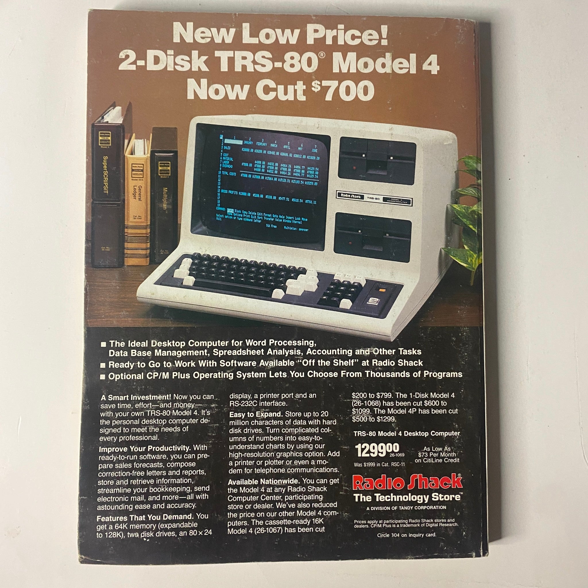 Promotional advertisement for the Radio Shack TRS-80 Model 4 2-Disk computer, showcasing its features including word processing, data management, and software availability. The ad states 'New Low Price! Now Cut $700'. Related to Byte Magazine October 1984, Vol 9 No. 11 on Databases for IBM PC AT.
