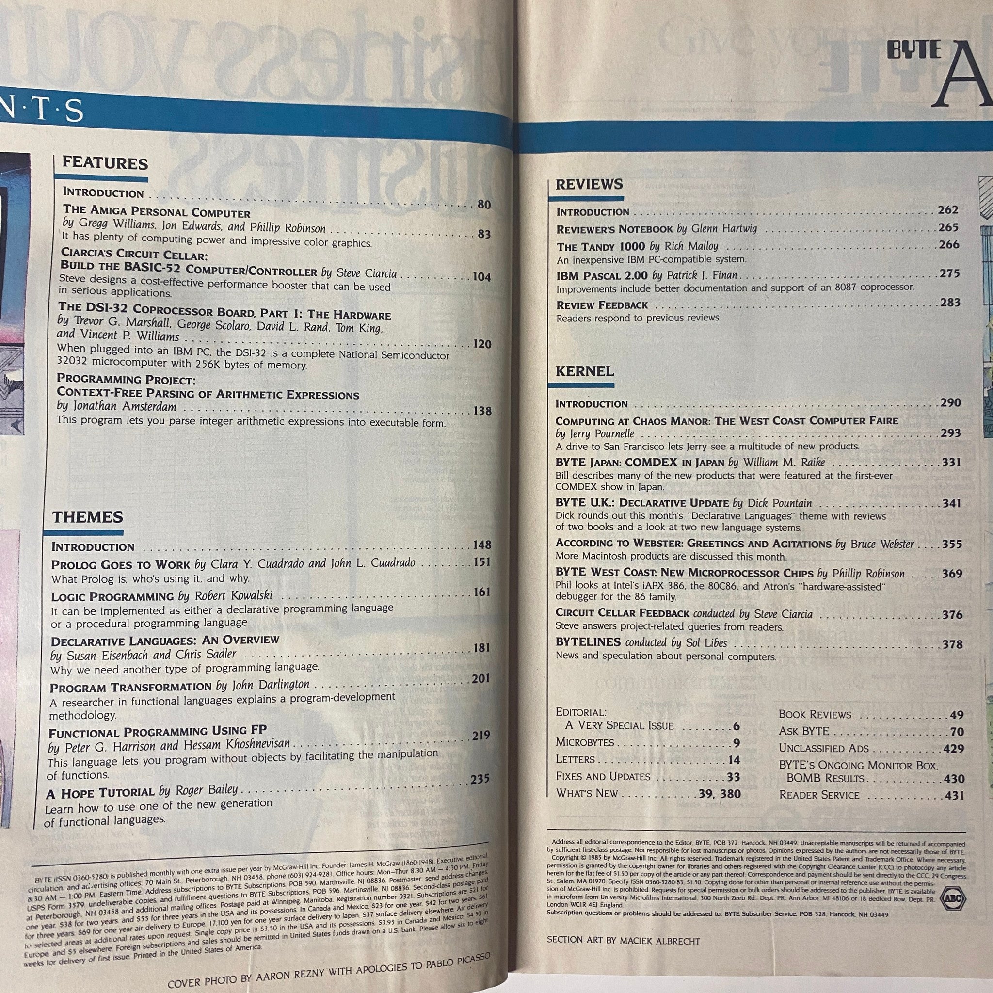Table of contents from Byte Magazine, August 1985, detailing features on The Amiga from Commodore, declarative languages, and various reviews.