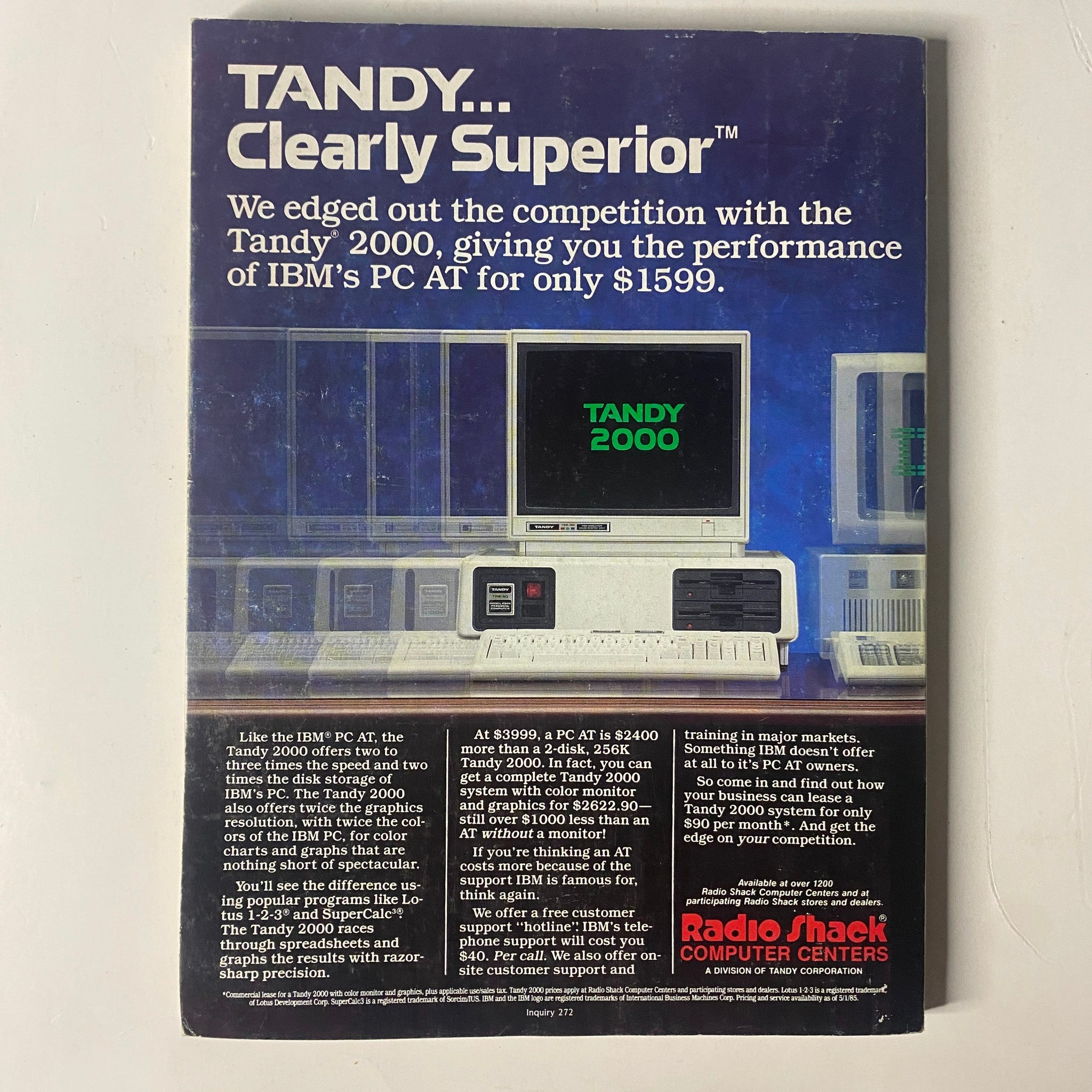 Advertisement for Tandy 2000 in Byte Magazine, August 1985, promoting its competitive performance against IBM's PC AT for $1599.