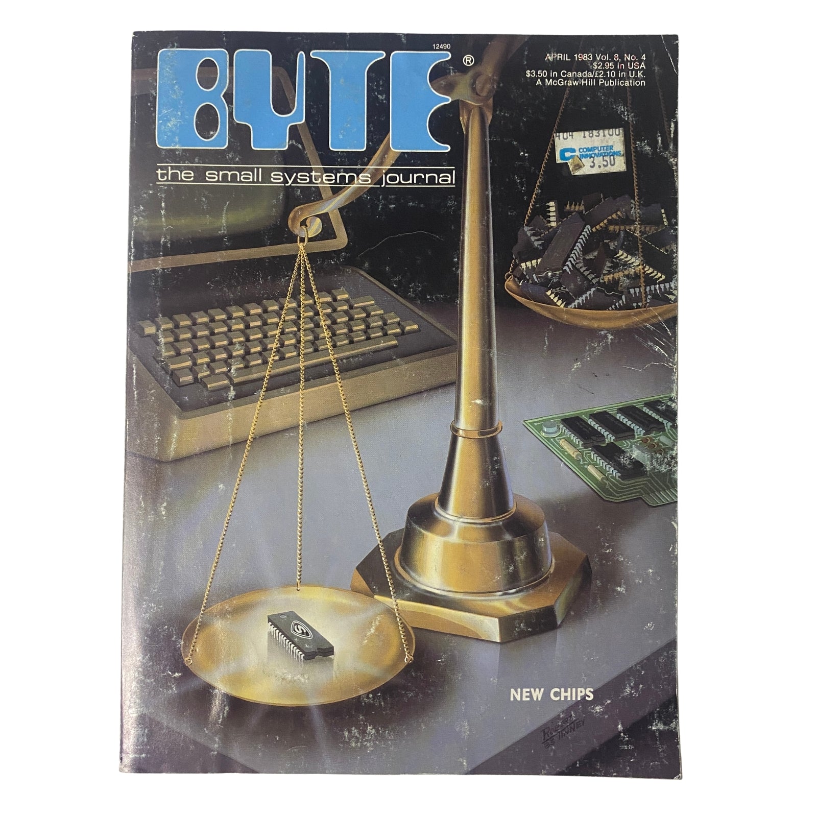 Byte Magazine April 1983 Vol 8 No. 4 cover featuring a balance scale with a microchip, a vintage keyboard, and circuit board, themed 'New Chips,' highlighting advancements in microprocessors.