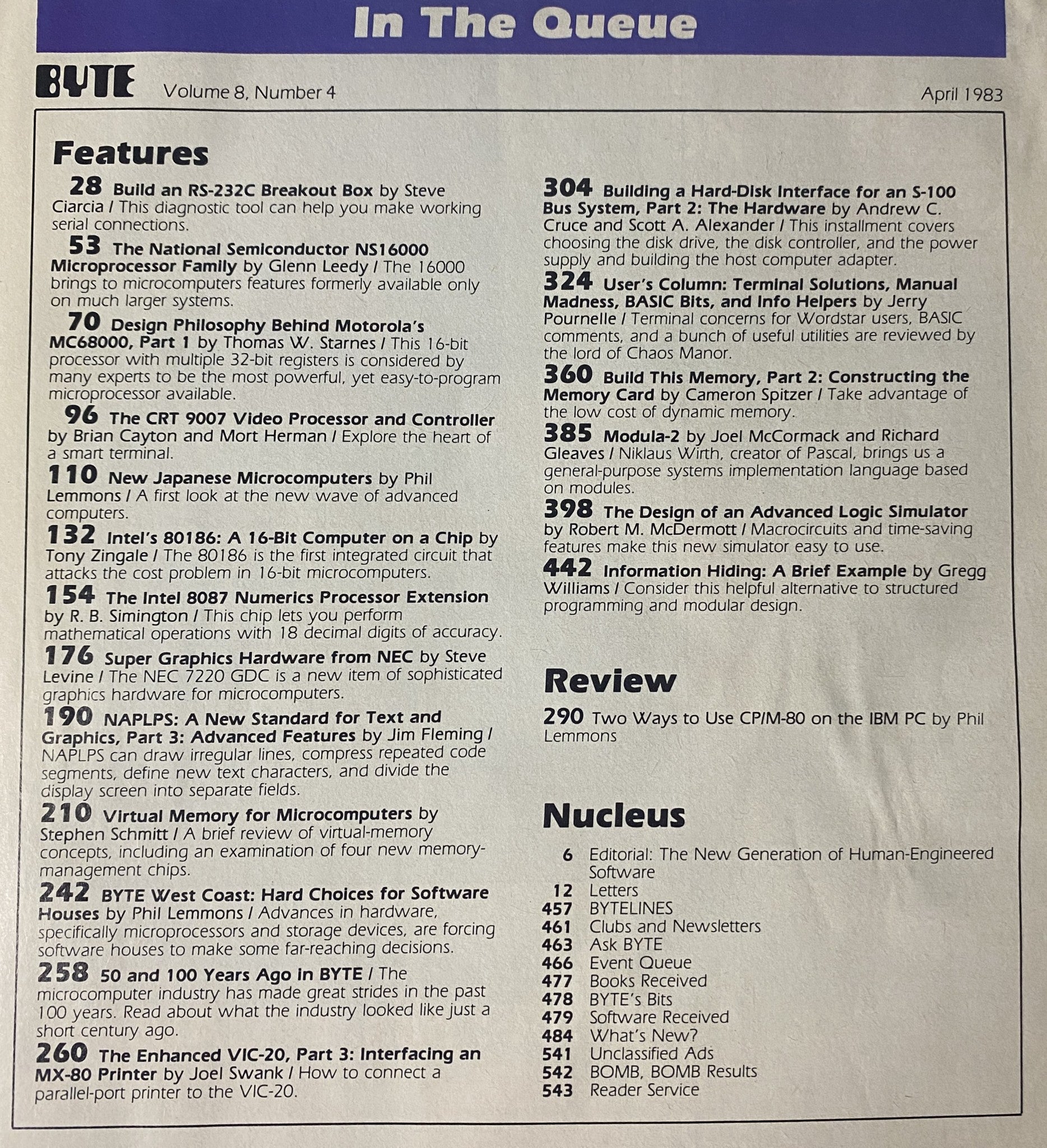 Byte Magazine April 1983 Vol 8 No. 4 featuring articles such as 'Build an RS-232C Breakout Box' by Steve Ciarcia and 'Design Philosophy Behind Motorola's MC68000'. The magazine showcases significant advancements in microprocessors and hardware from the early 1980s.