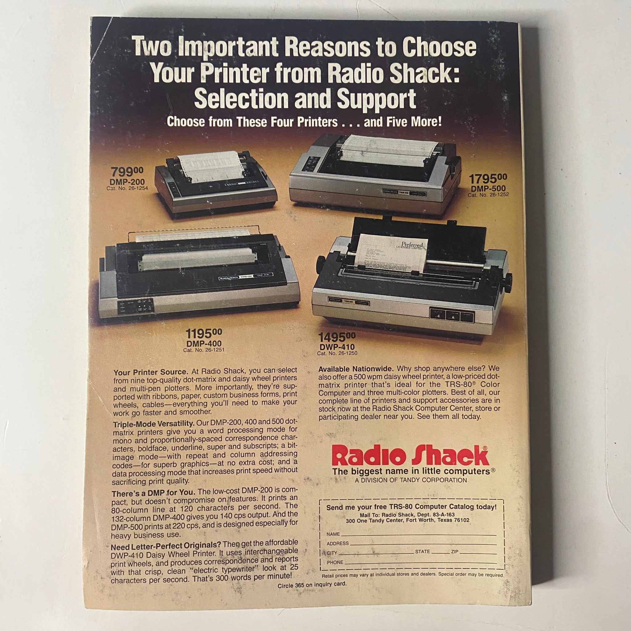 Back cover of Byte Magazine April 1983 Vol 8 No. 4 showcasing a Radio Shack advertisement highlighting various printers including DMP-220, DMP-300, and DWP-10. The ad emphasizes the quality and support for printer selection.