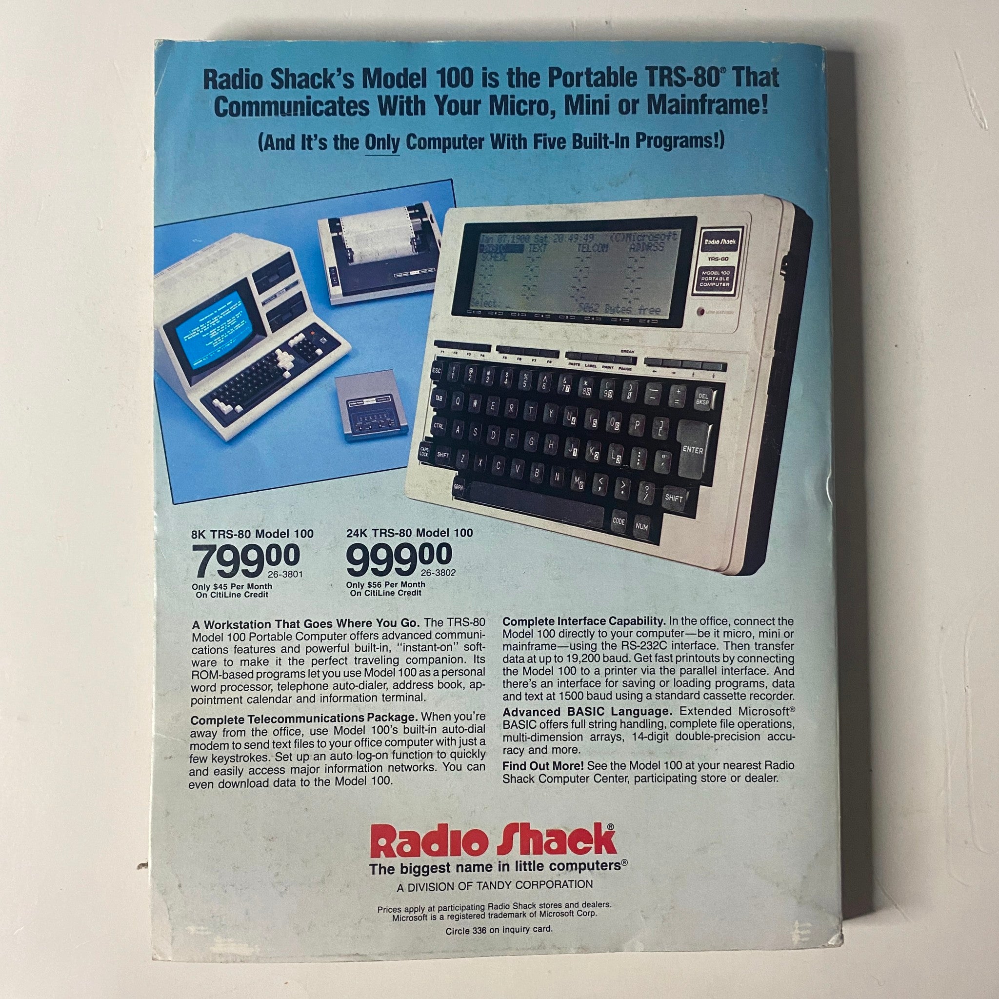 Back cover of Byte Magazine August 1983, Vol 8 No. 8 showcasing Radio Shack's TRS-80 Model 100 portable computer with promotional details and pricing.
