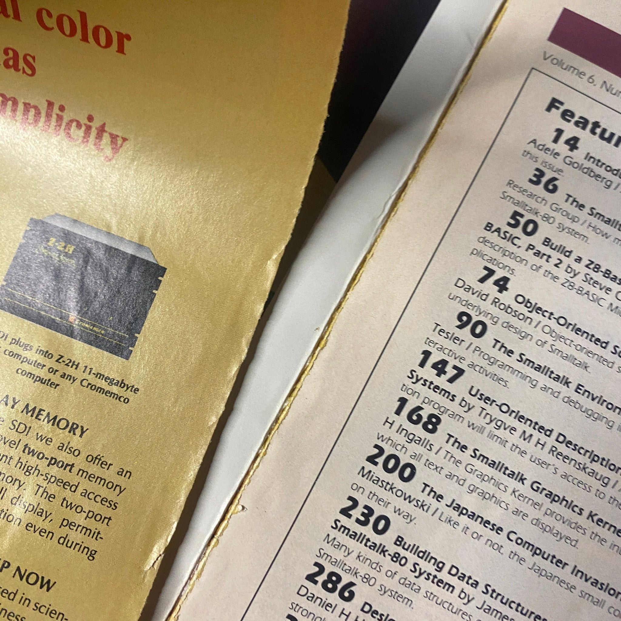 Close-up of the interior pages from Byte Magazine August 1981 Vol 6 No. 8 showing content layout, including discussions on Smalltalk software and programming.
