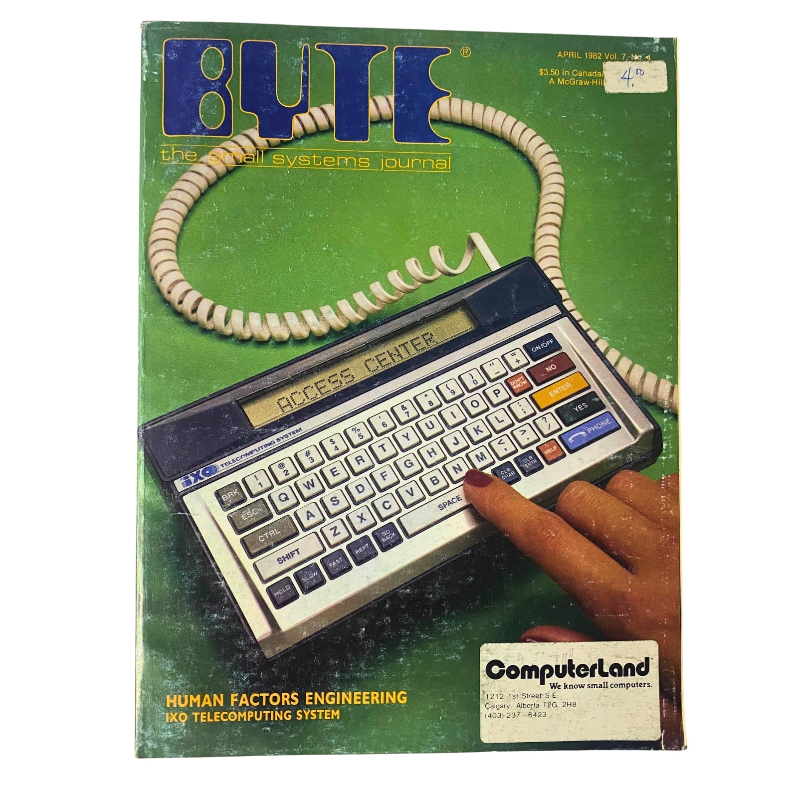 Cover of Byte Magazine, April 1982, Volume 7, No. 4 titled 'Human Factors Engineering', featuring a JVC telecommunication system with an access center display and a curly cord. The magazine is noted for its focus on usability and user-friendly design in computing.