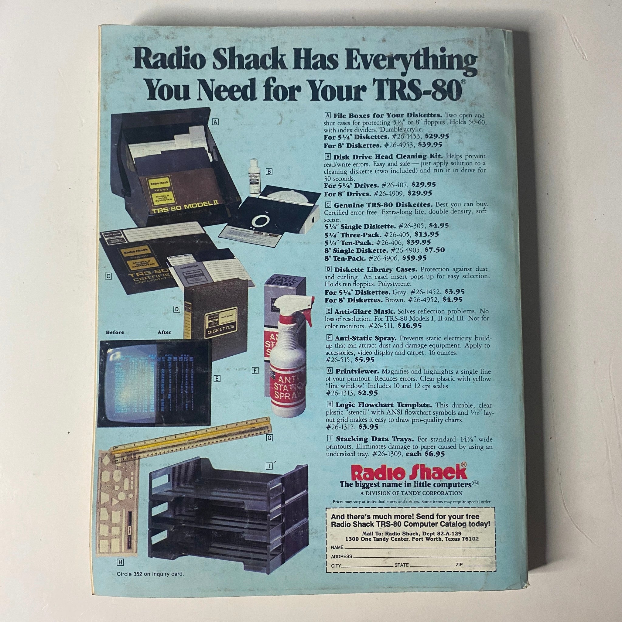 Back cover advertisement of Byte Magazine April 1982, Volume 7, Number 4. Promotes Radio Shack products including accessories for the TRS-80 computer.
