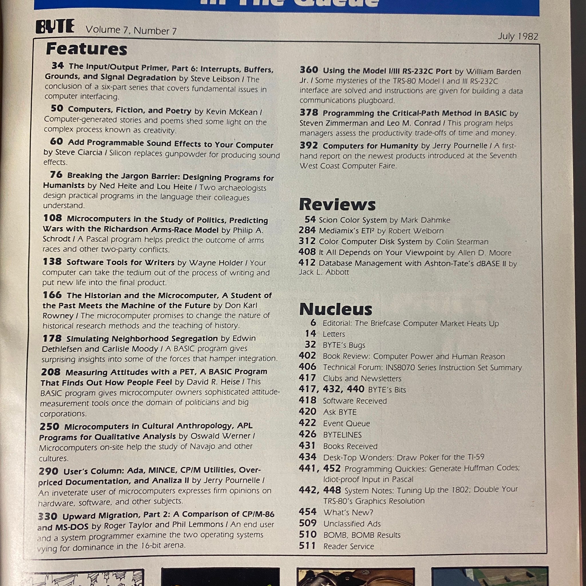 Table of contents from Byte Magazine July 1982, Vol 7, No 7, listing features, reviews, and articles focusing on computer applications in arts and sciences.