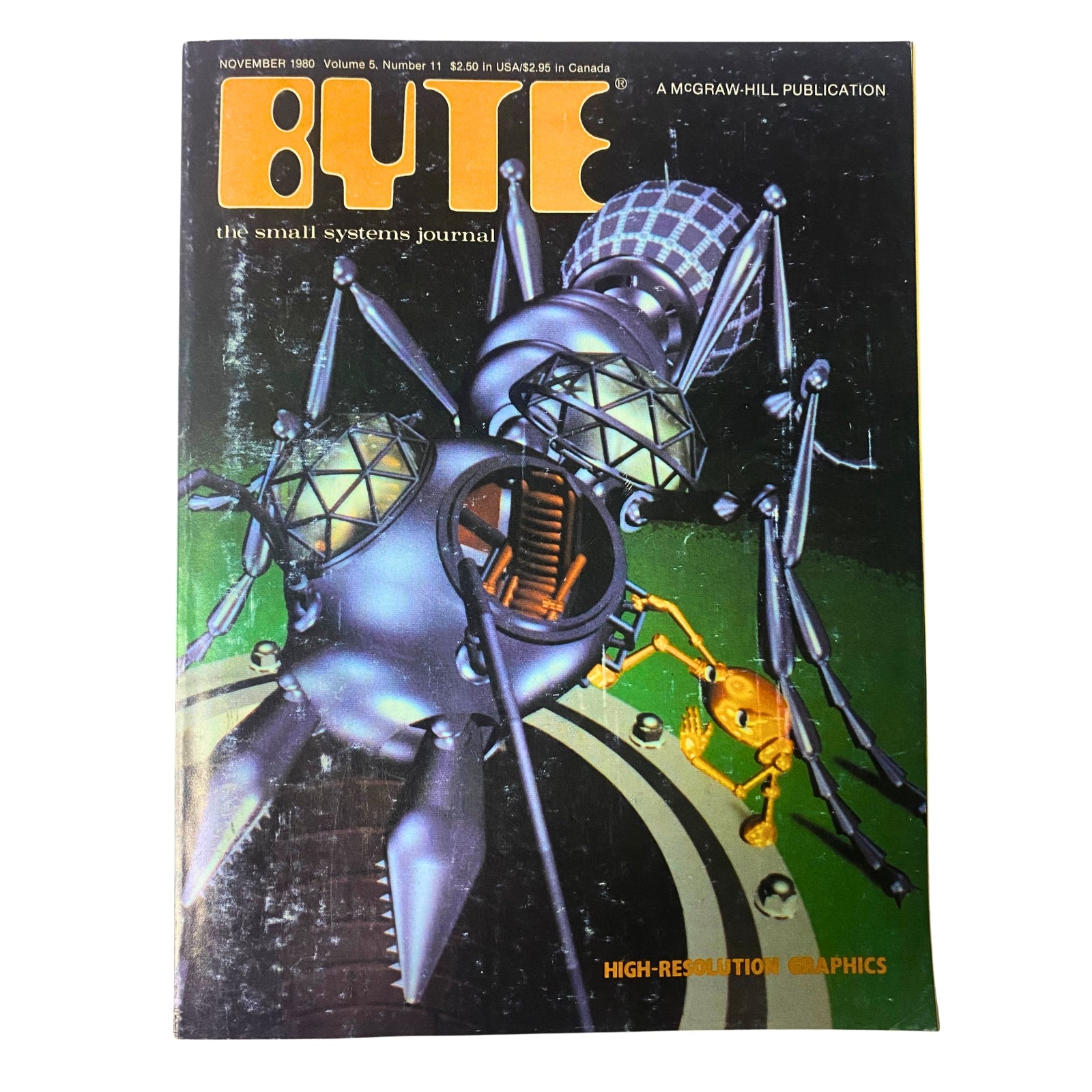 Byte Magazine November 1980 Vol 5 No. 11 cover featuring high-resolution graphics with a futuristic spider design, illustrated in vibrant colors.