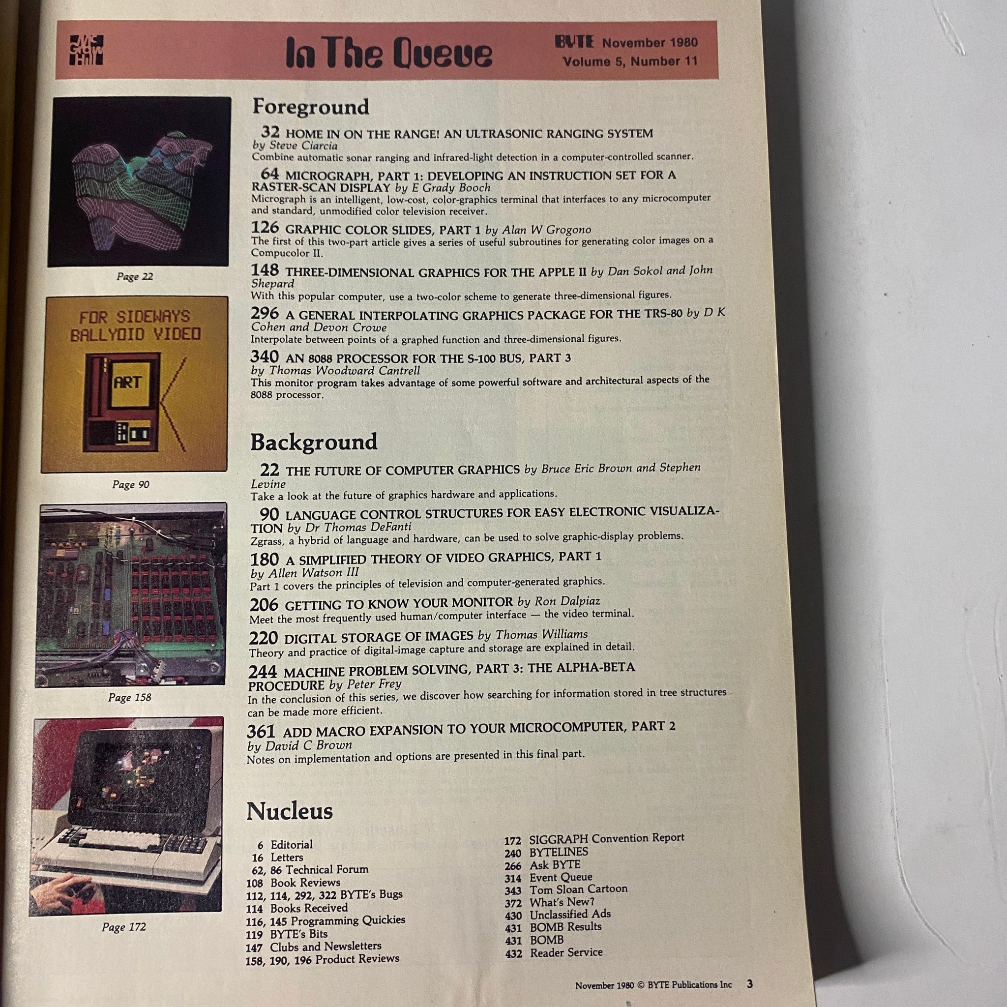 Inside page of Byte Magazine November 1980 Vol 5 No. 11 displaying the table of contents with featured articles on ultrasonic ranging systems, microcomputer graphics, and a general graphics package.