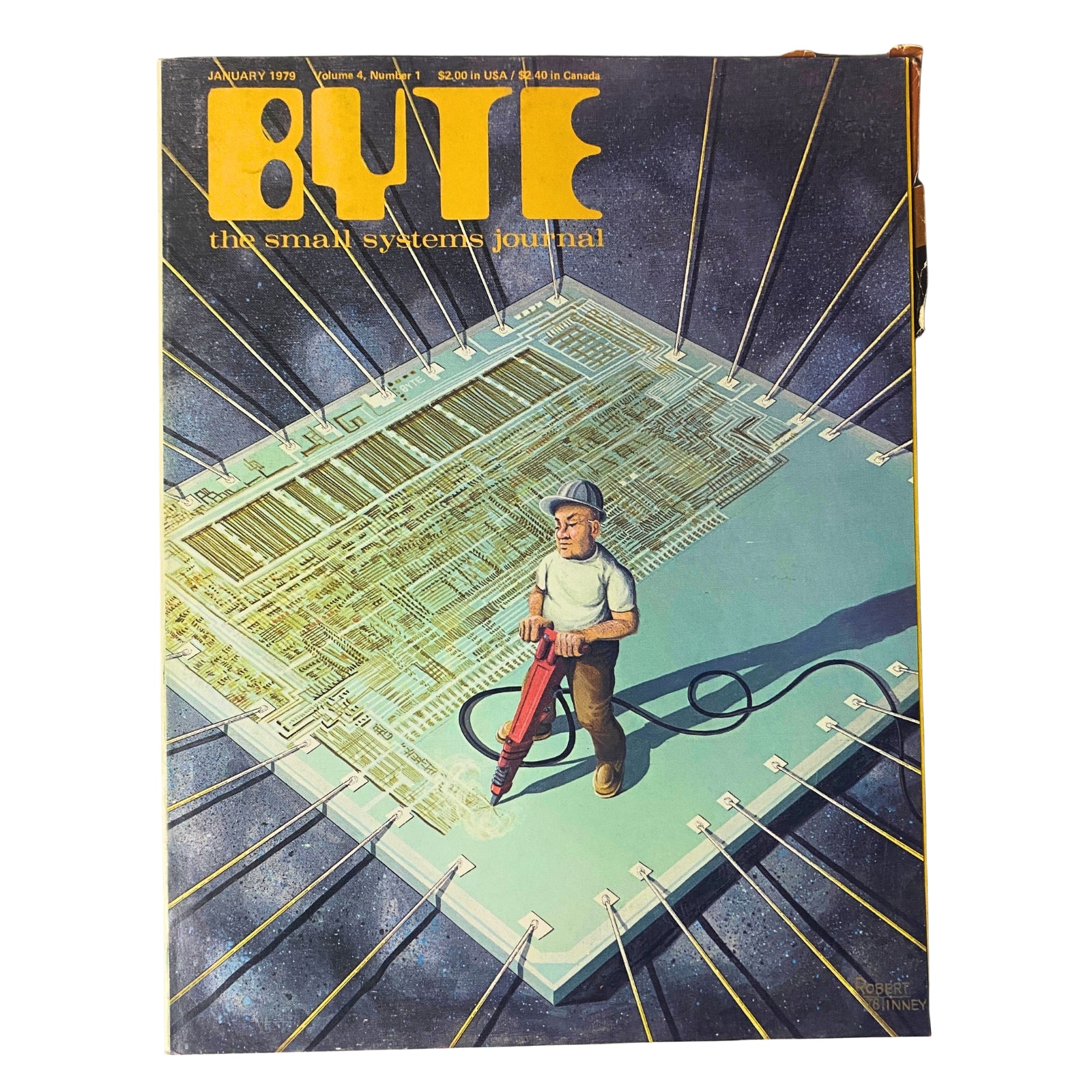 Cover of Byte Magazine, January 1979, Volume 4, Number 1 featuring the illustration 'Sculpting the New Titans' by Robert Tinney, showcasing themes of microcomputing.