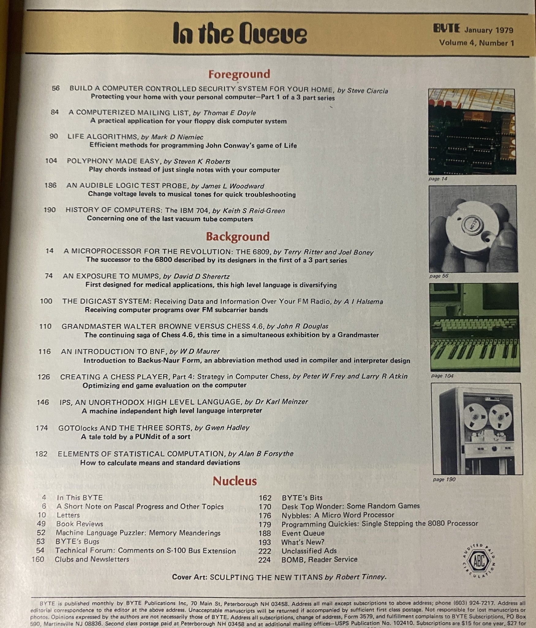 Page from Byte Magazine January 1979 Vol 4 No. 1 Sculpting The New Titans featuring table of contents with article titles and authors related to computer projects and programming concepts.