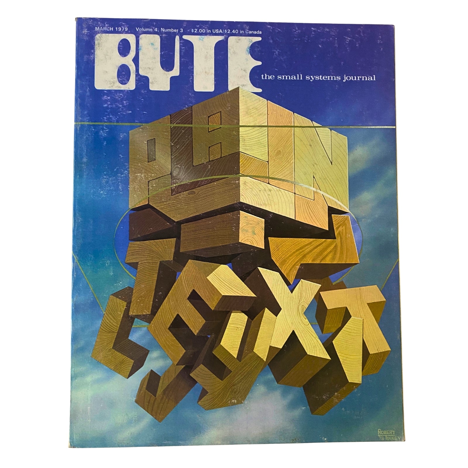 Byte Magazine March 1979 Vol 4 No. 3 cover featuring artistic illustration with the text 'Through The Trap Door'. This vintage issue highlights themes of cryptography and data security in computing.