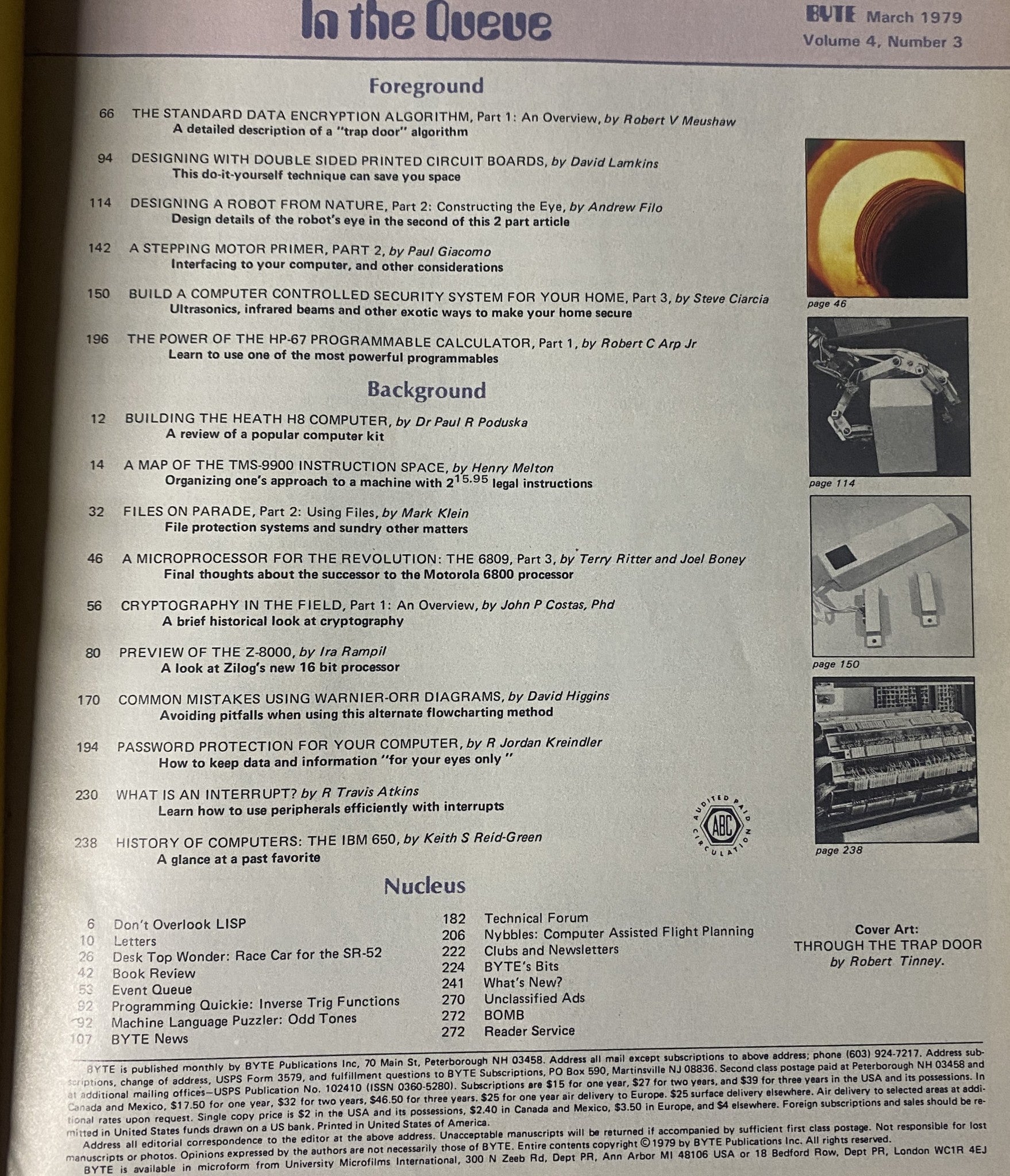 Page from Byte Magazine March 1979 Vol 4 No. 3 displaying the contents list, emphasizing articles on data encryption, robotics, and innovative computing technologies.