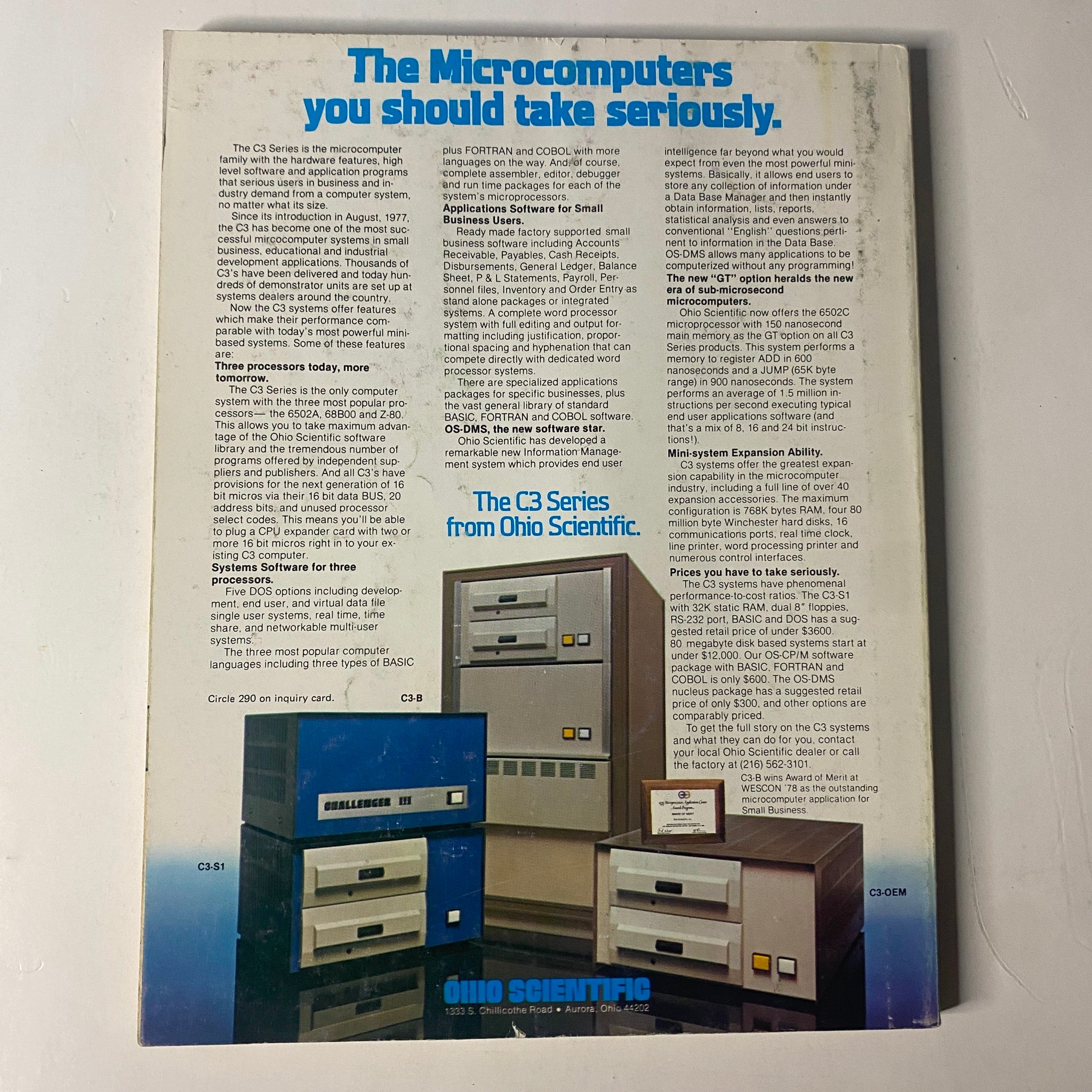 The back cover of Byte Magazine March 1979 Vol 4 No. 3 featuring an advertisement for Ohio Scientific's C3 Series microcomputers, emphasizing their capabilities in the early era of computing.