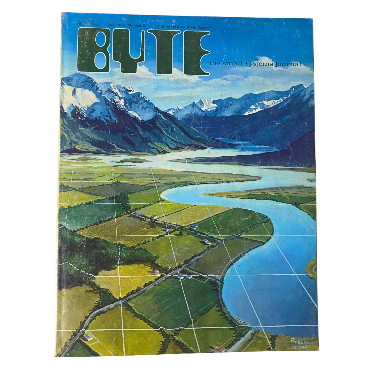 Byte Magazine May 1979 Vol 4 No. 5 cover featuring scenic landscape art by Robert Tinney, titled 'Beneath the Grid', symbolizing complexities in computing.