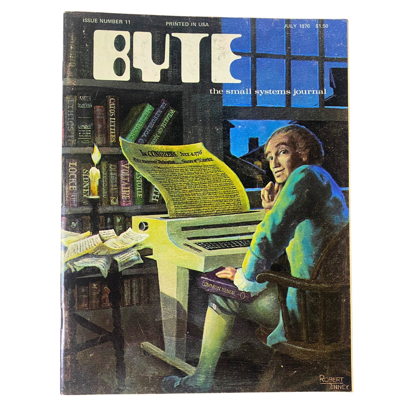 Byte Magazine July 1976 No. 11 features a vintage cover illustration depicting a man at a desk engaged with electronic components, titled 'Make Your Own Printed Circuits.' This issue showcases key topics in personal computing from the 1970s.