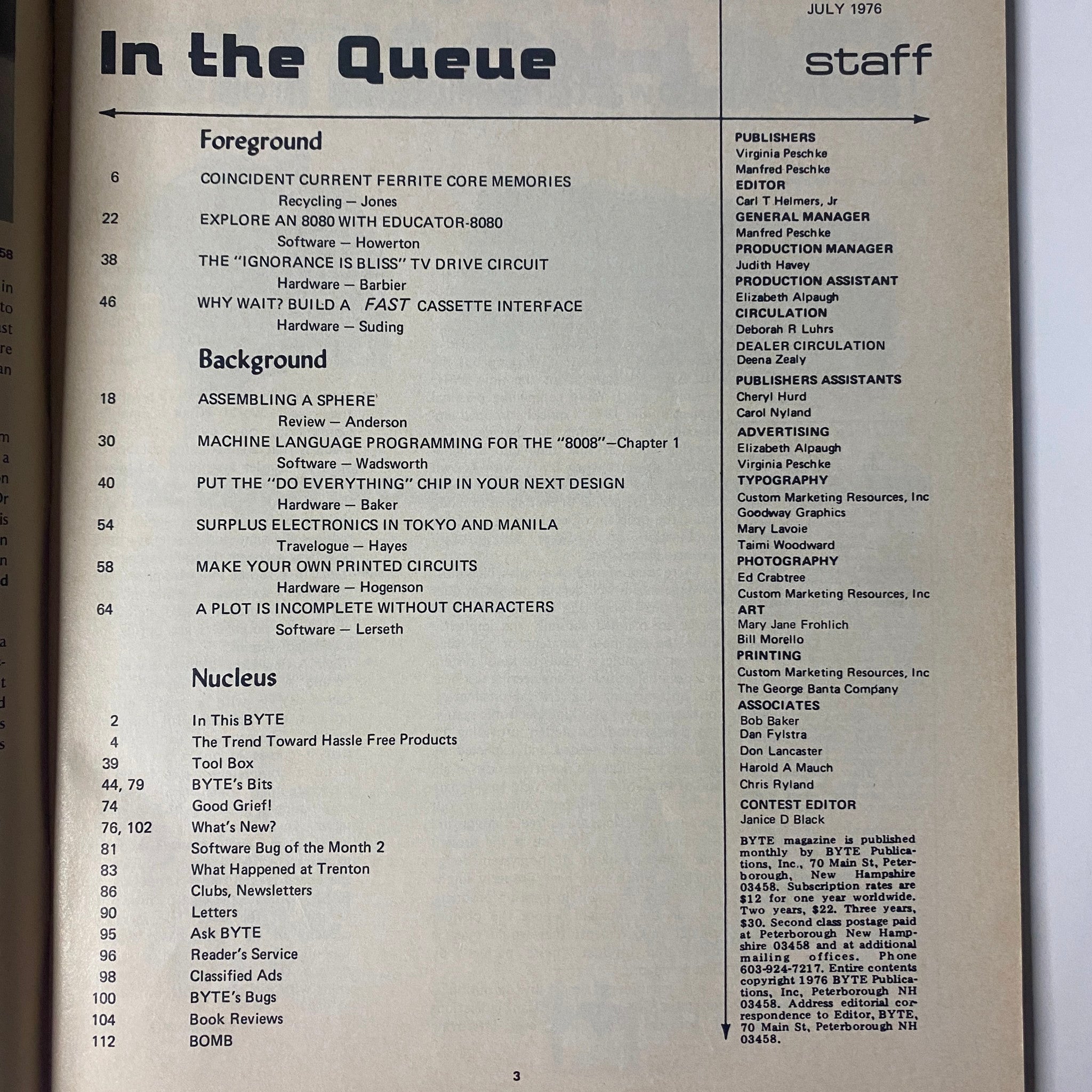 Byte Magazine July 1976 No. 11 contents page showcasing articles on Coincident Current Ferrite Core Memories, Machine Language Programming, and Surplus Electronics in Tokyo and Manila.