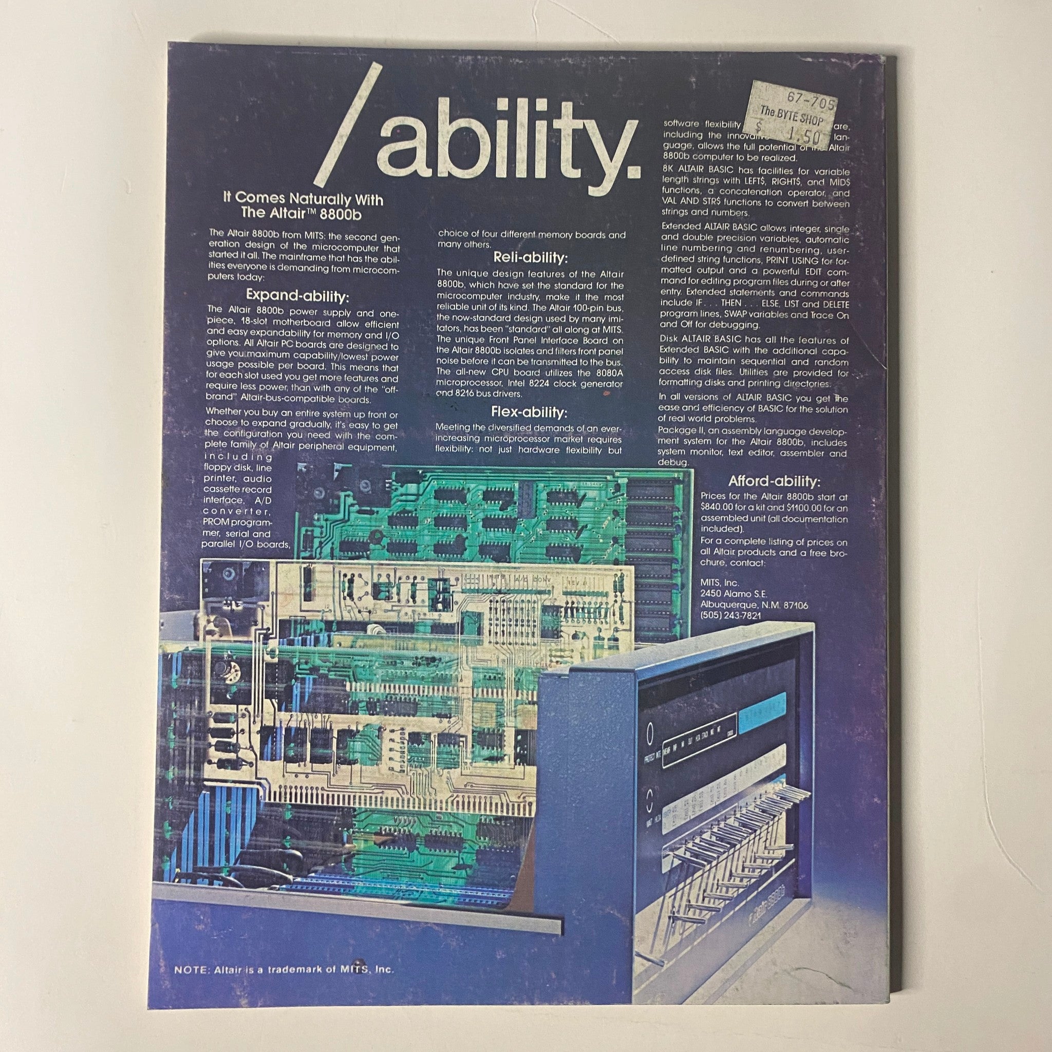 Back cover of Byte Magazine May 1977, advertising the Altair 8800 with features on expandability and reliability.