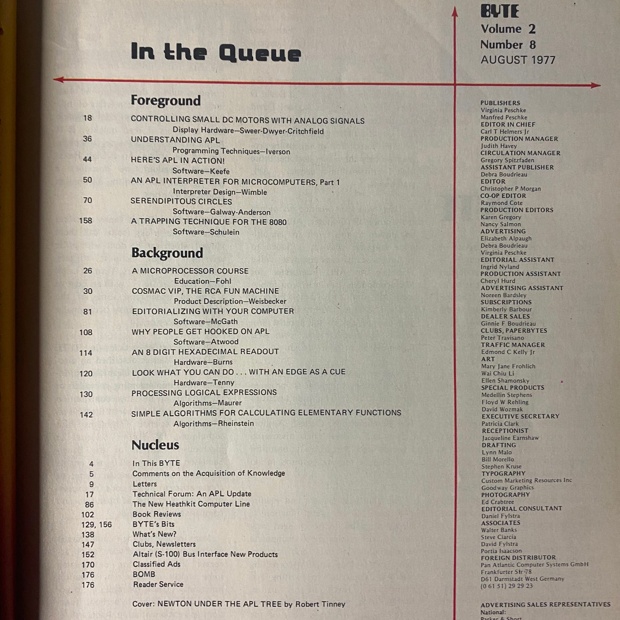 Table of contents from Byte Magazine August 1977, Vol 2 No 8, outlining featured articles on programming, APL, and microcomputer technology.