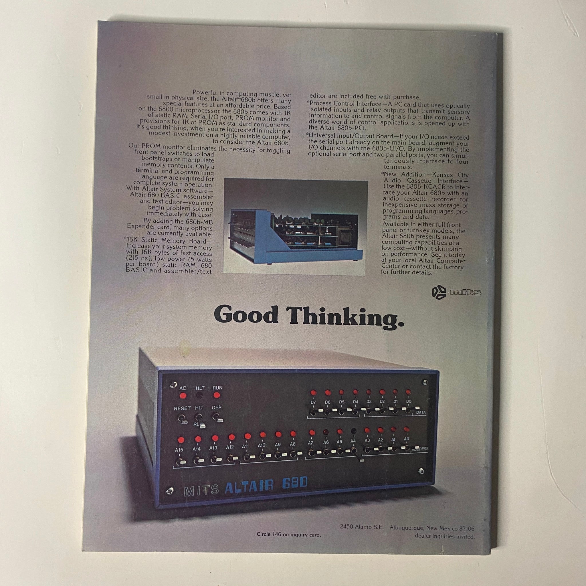 Advertisement from Byte Magazine August 1977, Vol 2 No 8 for the Altair 680 computer, promoting its capabilities and features with the tagline 'Good Thinking'.