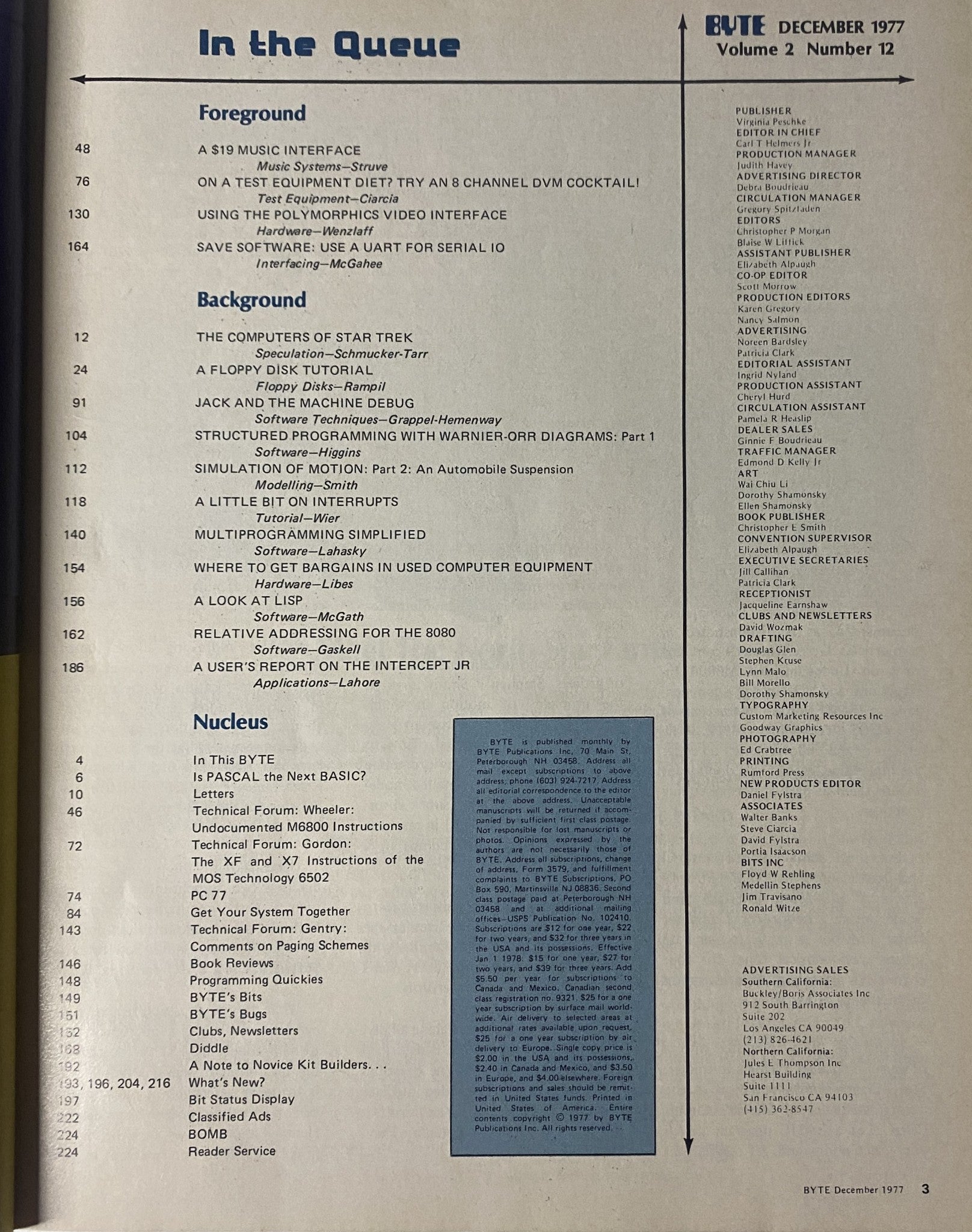 Table of contents page from Byte Magazine December 1977 Vol 2 No. 12, detailing articles on computing, including 'The Computers of Star Trek' and practical project guidelines.