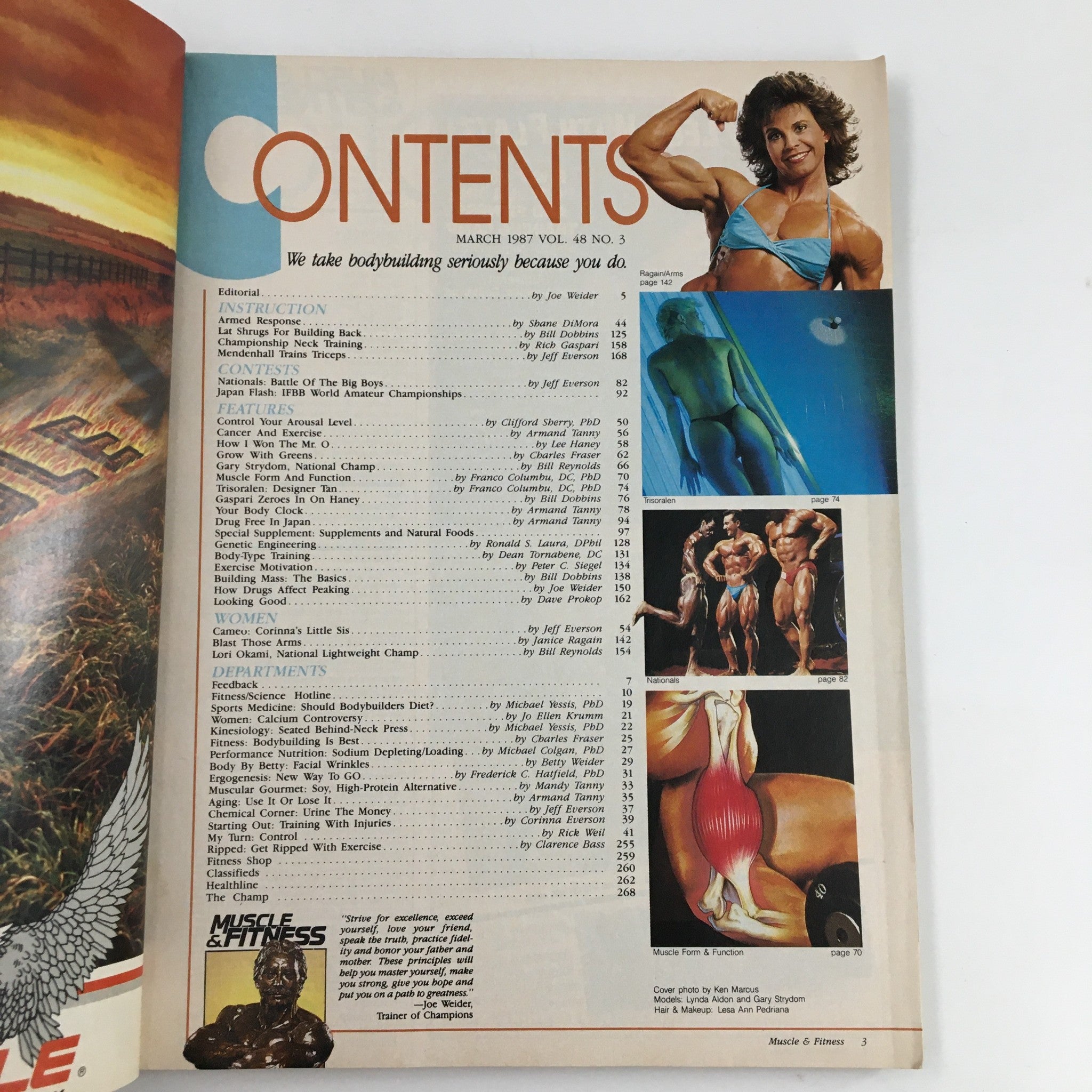 Contents page of the Muscle & Fitness Magazine March 1987 issue featuring a muscular woman and various fitness articles. This illustration showcases the magazine's playful yet informative layout, reflecting the fitness trends of the late 80s.