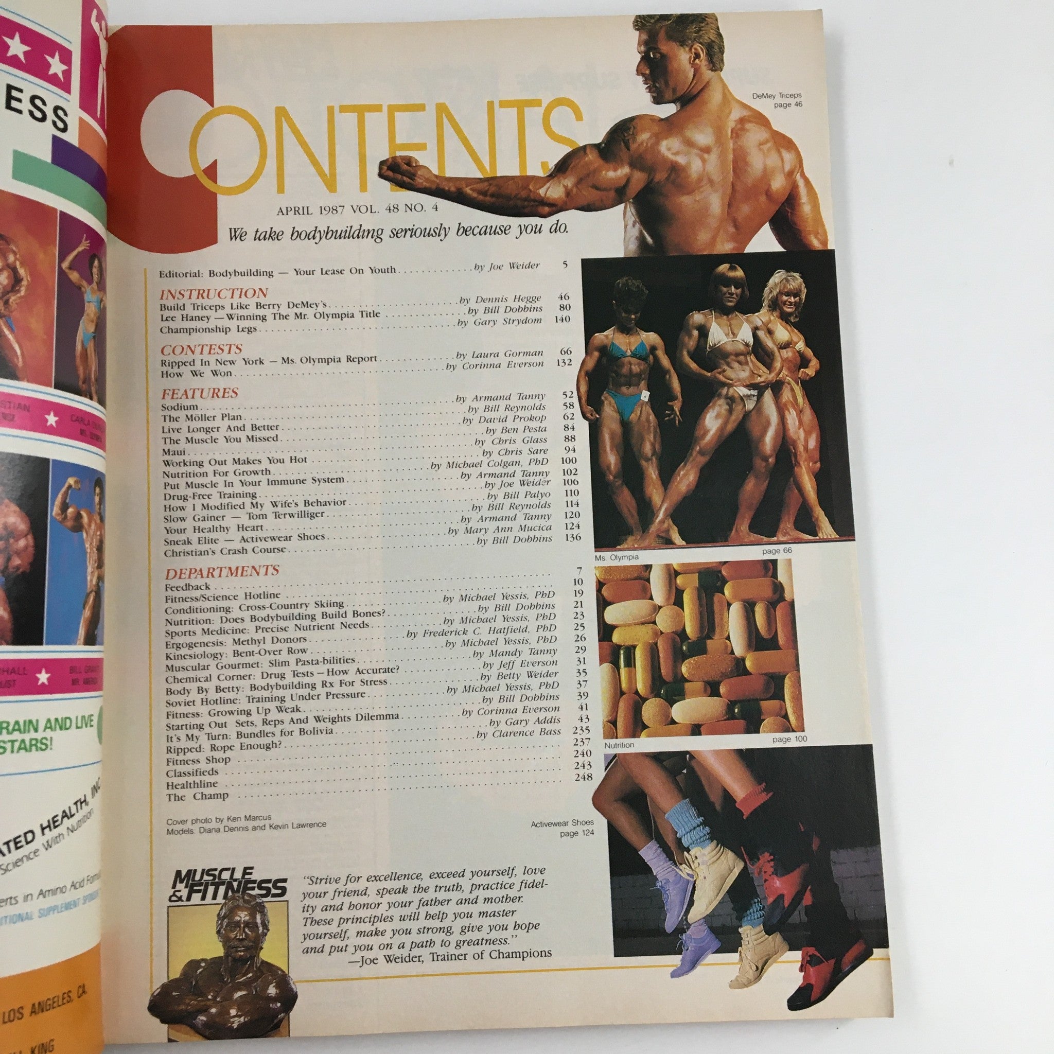 Table of contents from Muscle & Fitness Magazine April 1987 featuring articles on bodybuilding, nutrition, and workouts, alongside images of iconic athletes Diana Dennis and Kevin Lawrence.