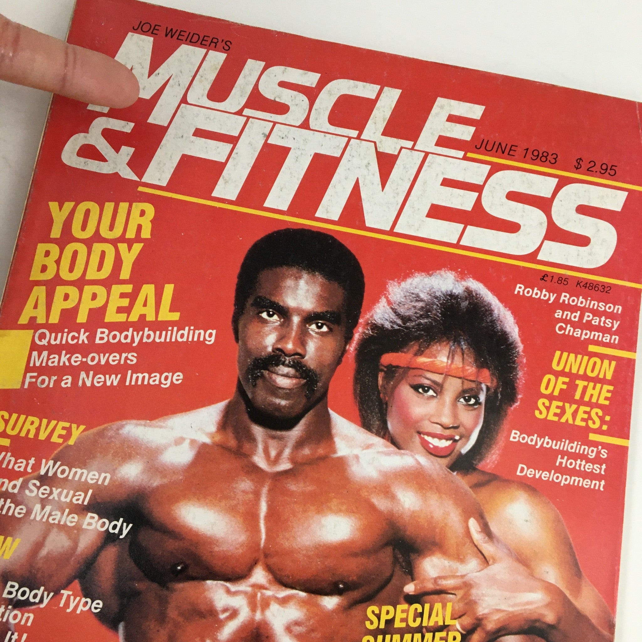 Close-up of Muscle & Fitness Magazine June 1983 cover with prominent text and visuals of Robby Robinson and Patsy Chapman, representing the golden age of bodybuilding.