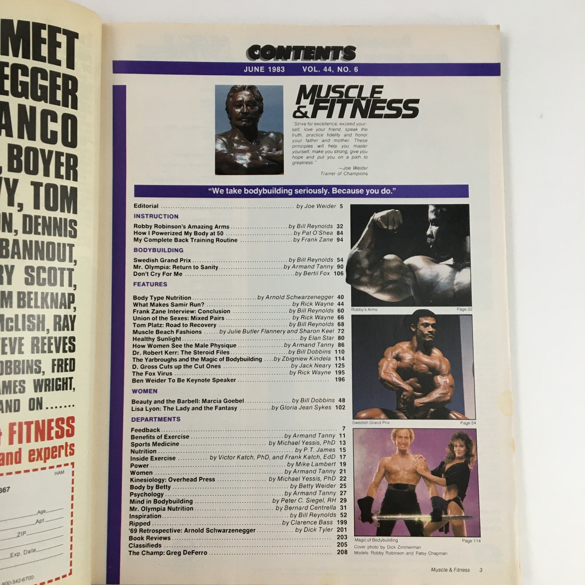 Contents page of Muscle & Fitness Magazine June 1983, displaying articles and features on bodybuilding and fitness, including contributions from various fitness experts and icons.