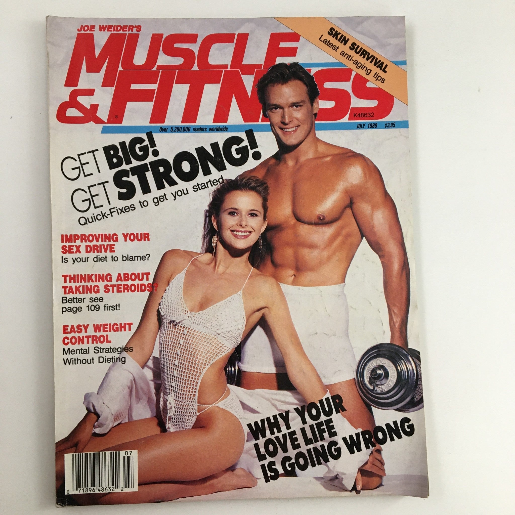 Cover of Muscle & Fitness Magazine July 1989 featuring Rich Gaspari and a female model promoting bodybuilding with headlines like 'GET BIG! GET STRONG!' and additional health tips.
