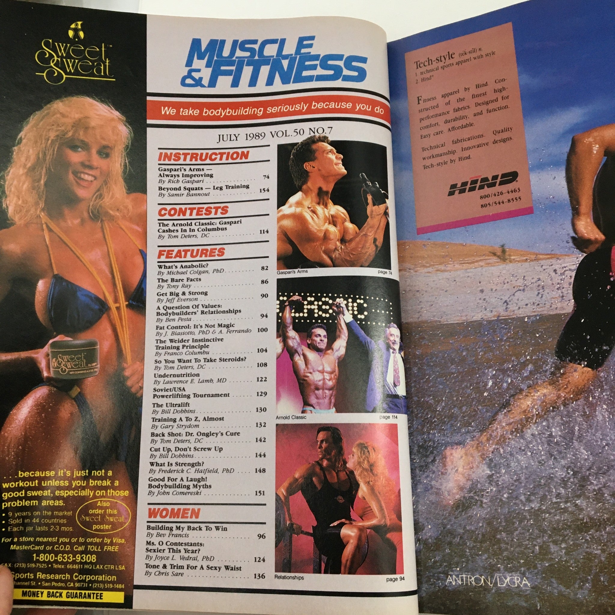 Inside spread of Muscle & Fitness Magazine July 1989 displaying contents and features such as training tips, bodybuilding contests, and advertisements, highlighting the magazine's focus on fitness culture.