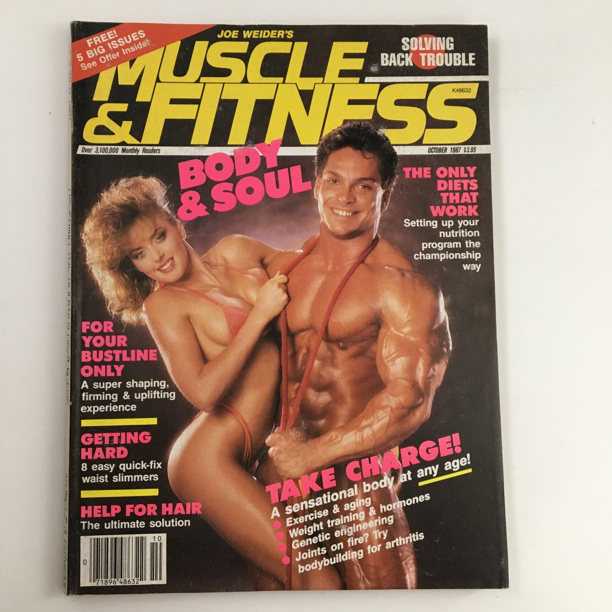 Cover of Muscle & Fitness Magazine October 1987 featuring Rich Gaspari and Leslee Bremmer, highlighting fitness topics, body sculpting tips, and exercise advice.