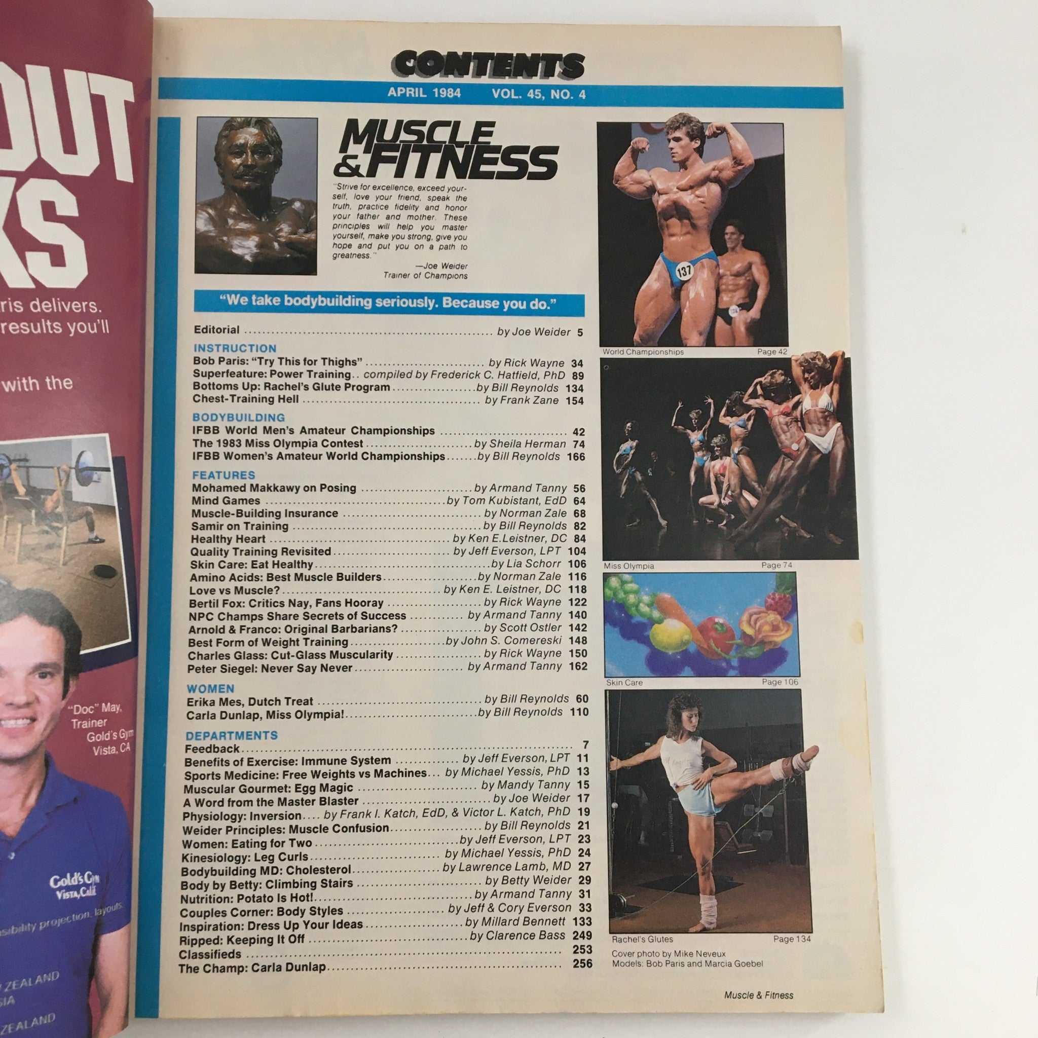Inside page of Muscle & Fitness Magazine April 1984 displaying contents, highlighting articles on bodybuilding, training tips, and profiles of renowned athletes.