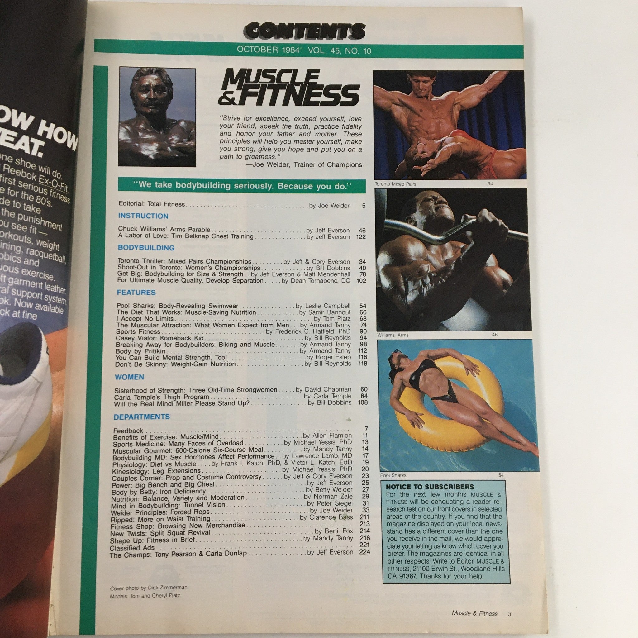 Contents page of Muscle & Fitness Magazine October 1984, listing articles on bodybuilding, workouts, and fitness tips, emphasizing the magazine's focus on health and athleticism.