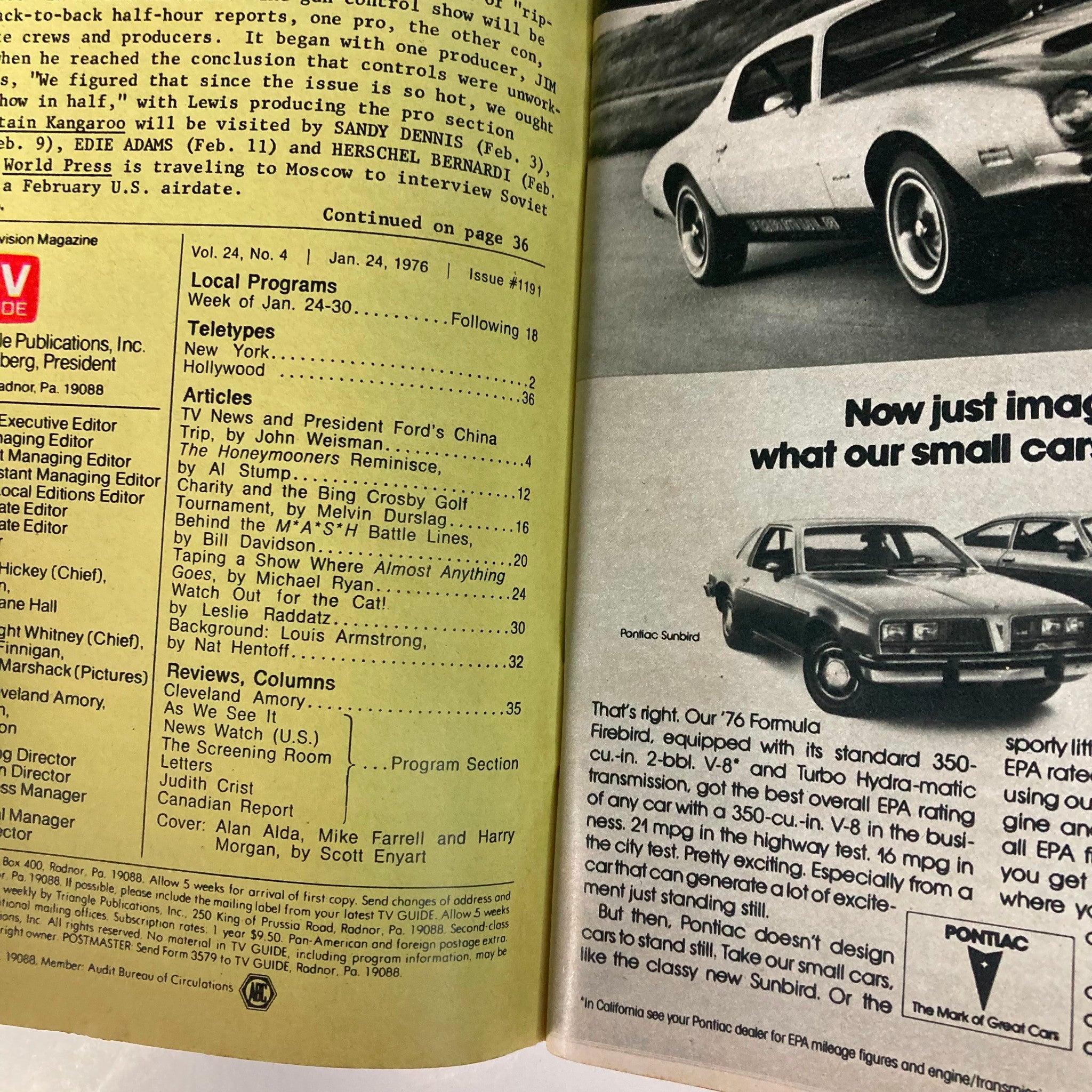 Interior page of TV Guide Magazine January 24 1976 issue #1191, featuring articles and program listings, including Alan Alda and Mike Farrell as cover stars.