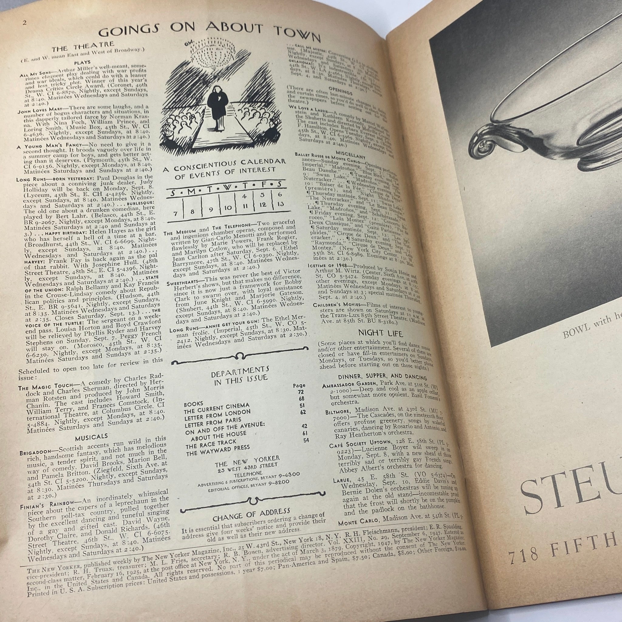 Interior page of The New Yorker Complete Magazine September 6, 1947 showing events calendar and advertisements, reflective of the magazine's historical content.