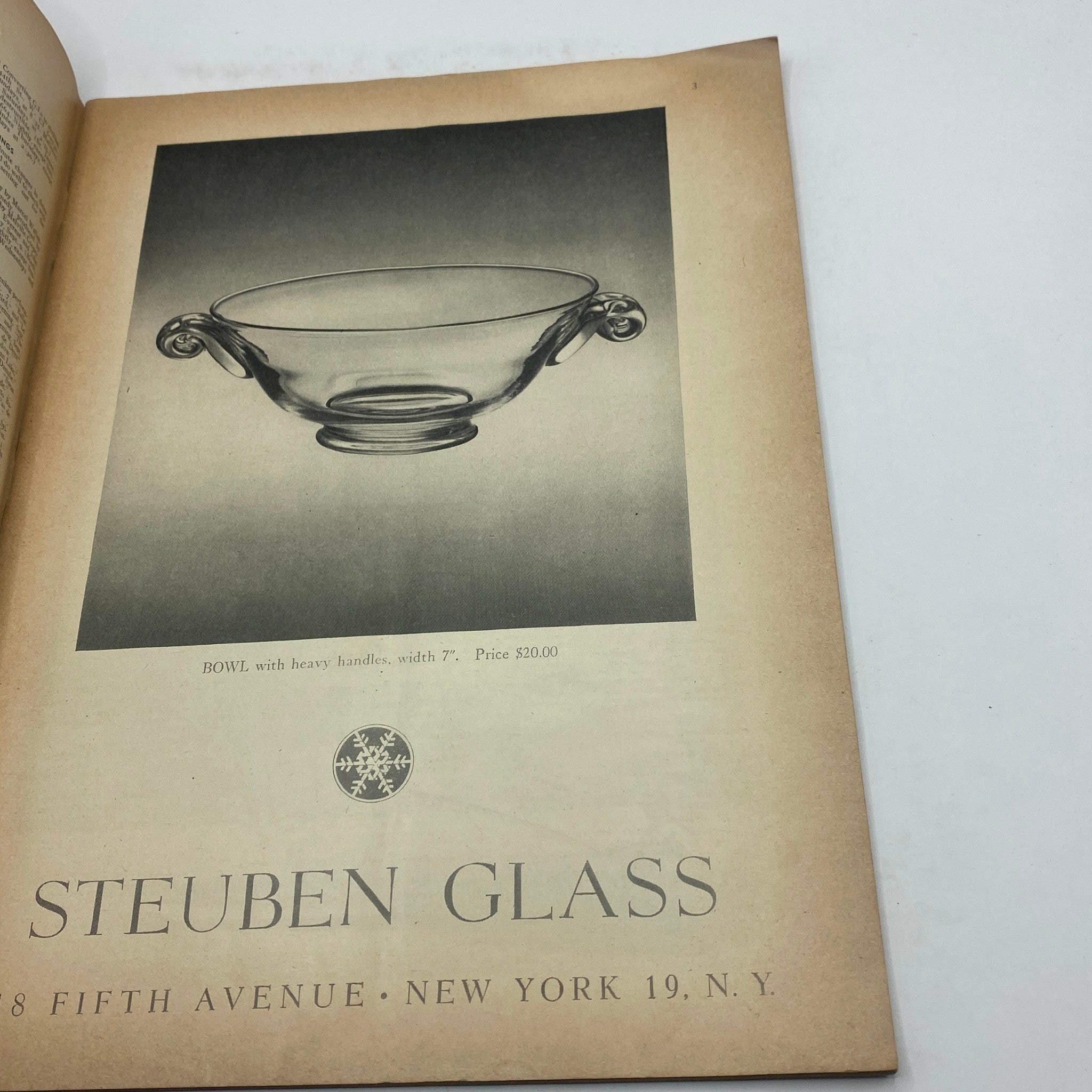 Another interior page of The New Yorker Complete Magazine September 6, 1947 featuring an advertisement for Steuben Glass with a product image of a glass bowl.