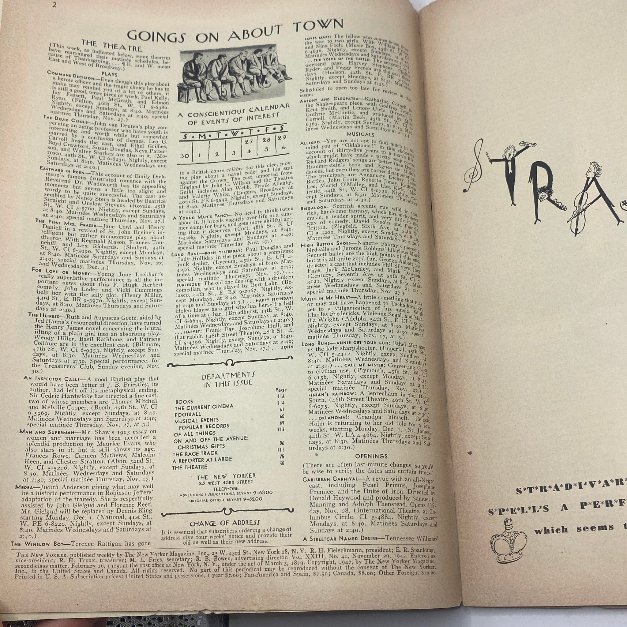 Interior page titled 'Goings On About Town' from The New Yorker Complete Magazine November 29, 1947, listing cultural events and theatre information relevant to that period.