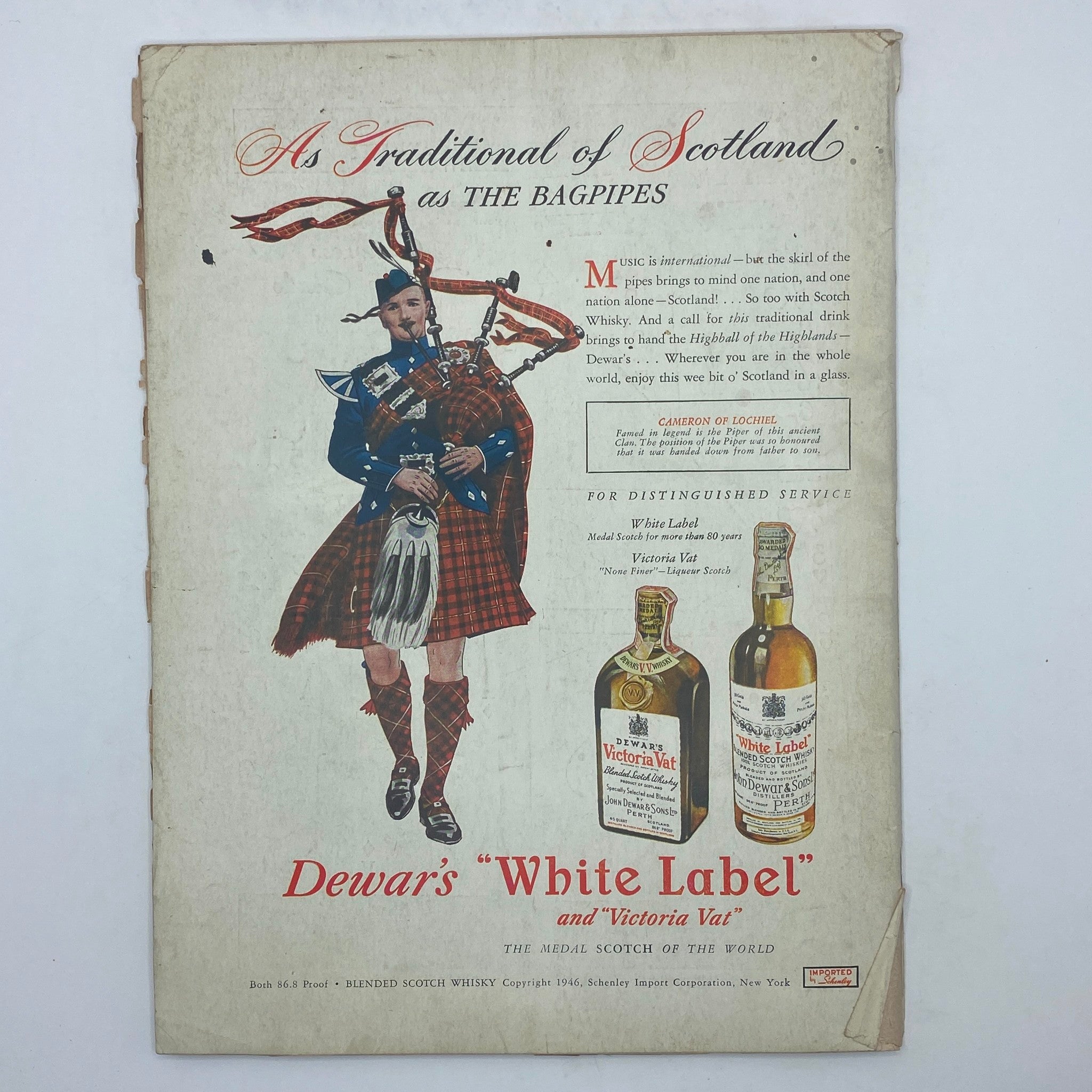 Vintage advertisement from The New Yorker Complete Magazine November 29, 1947 featuring a Scottish bagpiper dressed in traditional attire promoting Dewar's White Label Scotch Whisky.