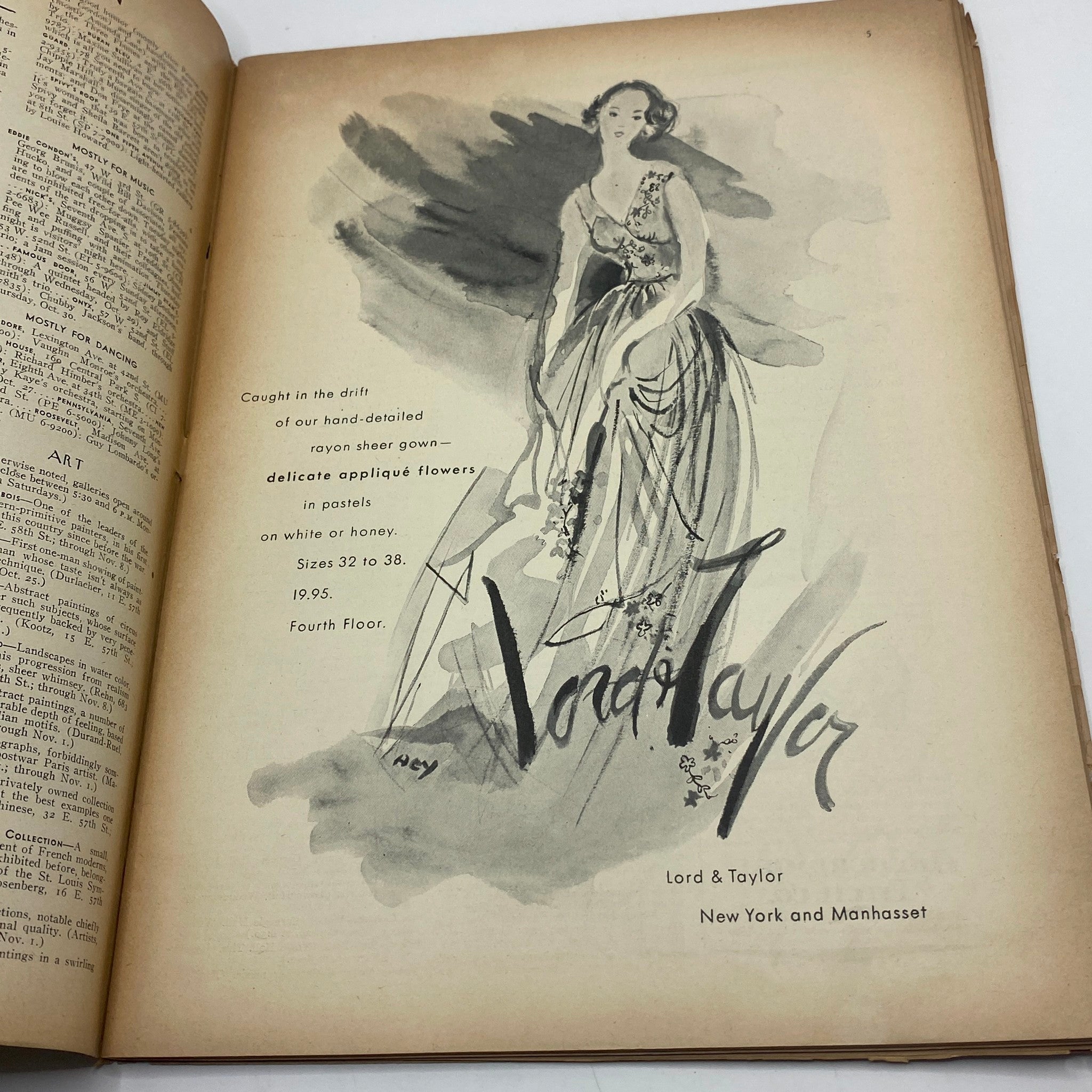 Interior page of The New Yorker Complete Magazine October 25, 1947 featuring a fashion advertisement for Lord & Taylor, illustrating a model in a stylish gown.