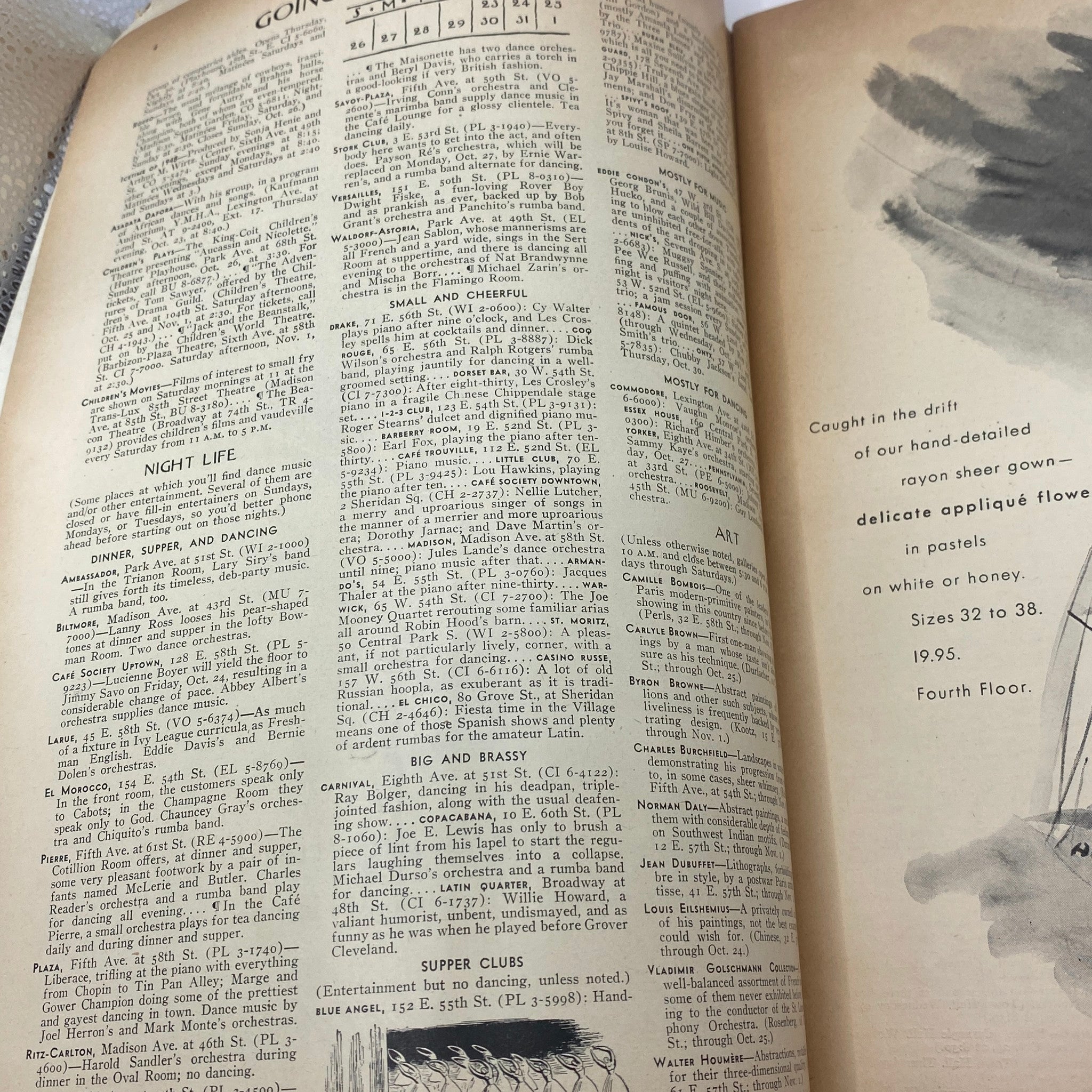 Interior page of The New Yorker Complete Magazine October 25, 1947 displaying text and listings for dining, nightlife, and cultural events in New York.