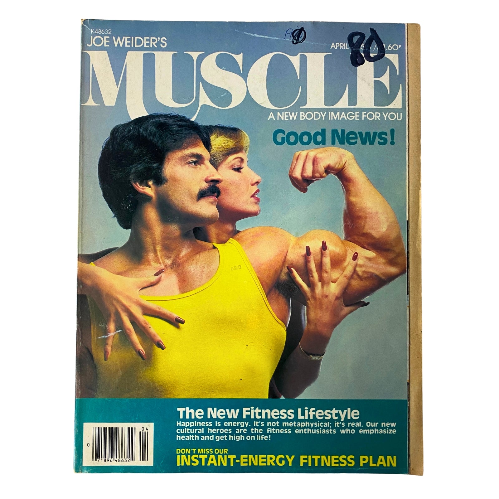 Cover of Joe Weider's Muscle Magazine April 1980 featuring a bodybuilder and a model, emphasizing fitness and wellness with the tagline 'Good News!'.