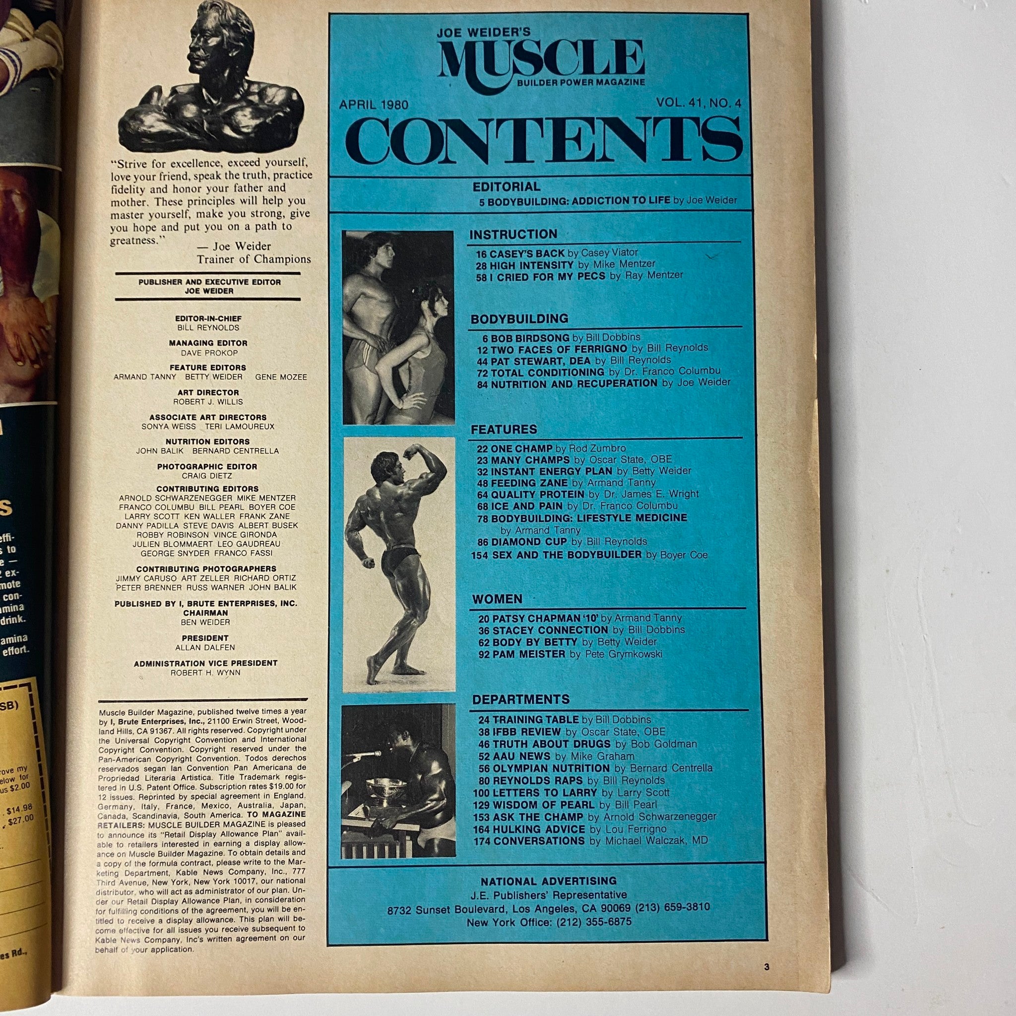 Contents page of Joe Weider's Muscle Magazine April 1980 detailing articles and features including 'Bodybuilding Addiction to Life' and 'Instant-Energy Fitness Plan'.