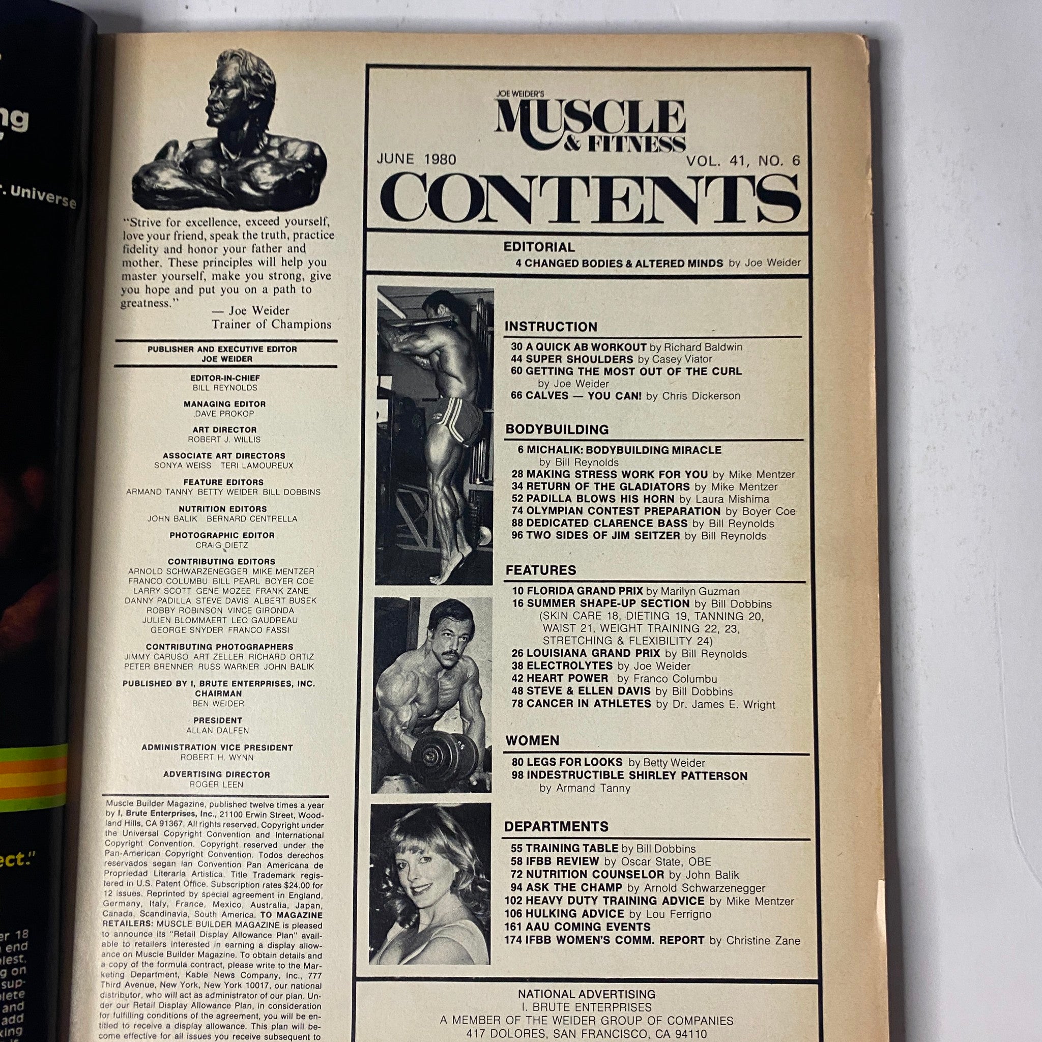 Contents page of Muscle & Fitness Magazine June 1980, highlighting articles on bodybuilding, nutrition, and training programs.