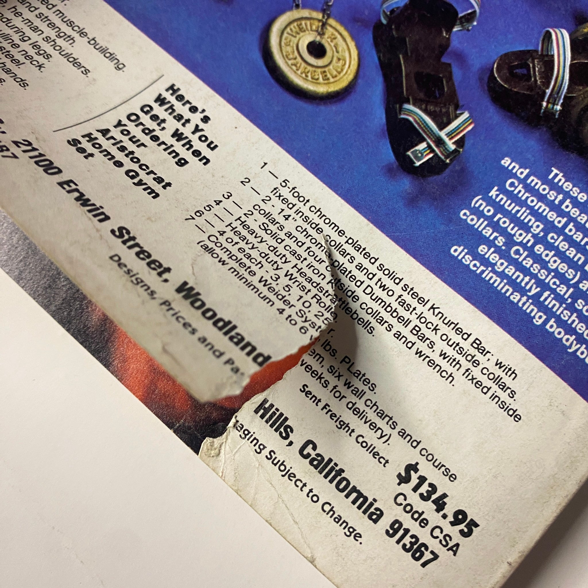 Close-up of an advertisement from Muscle & Fitness Magazine June 1980 for bodybuilding products, highlighting pricing and contact information.