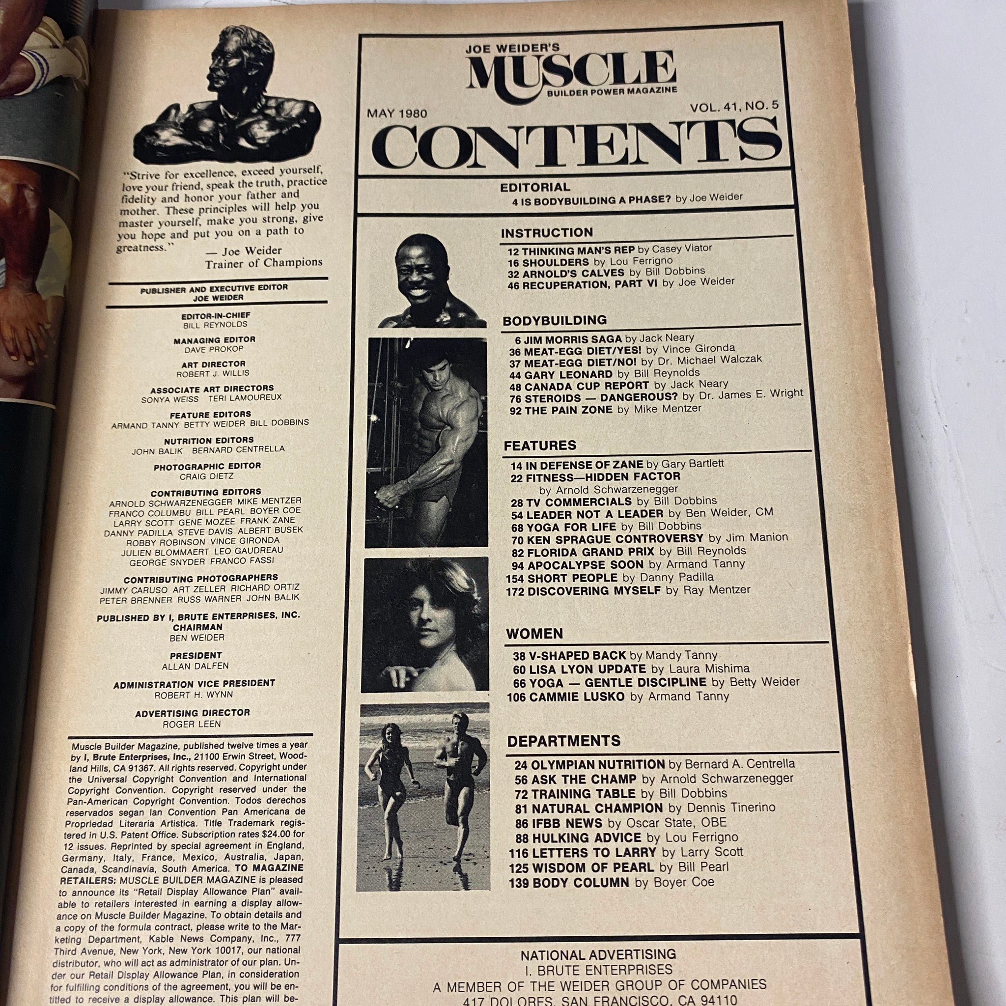 Contents page from Joe Weider's Muscle Magazine May 1980 listing articles and features including bodybuilding insights and famous contributors.