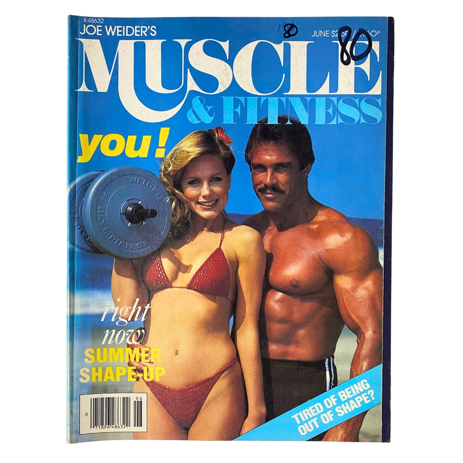 Cover of Muscle & Fitness Magazine June 1980 featuring a woman in a red bikini and a man posing on the beach, promoting summer workouts and fitness lifestyle.