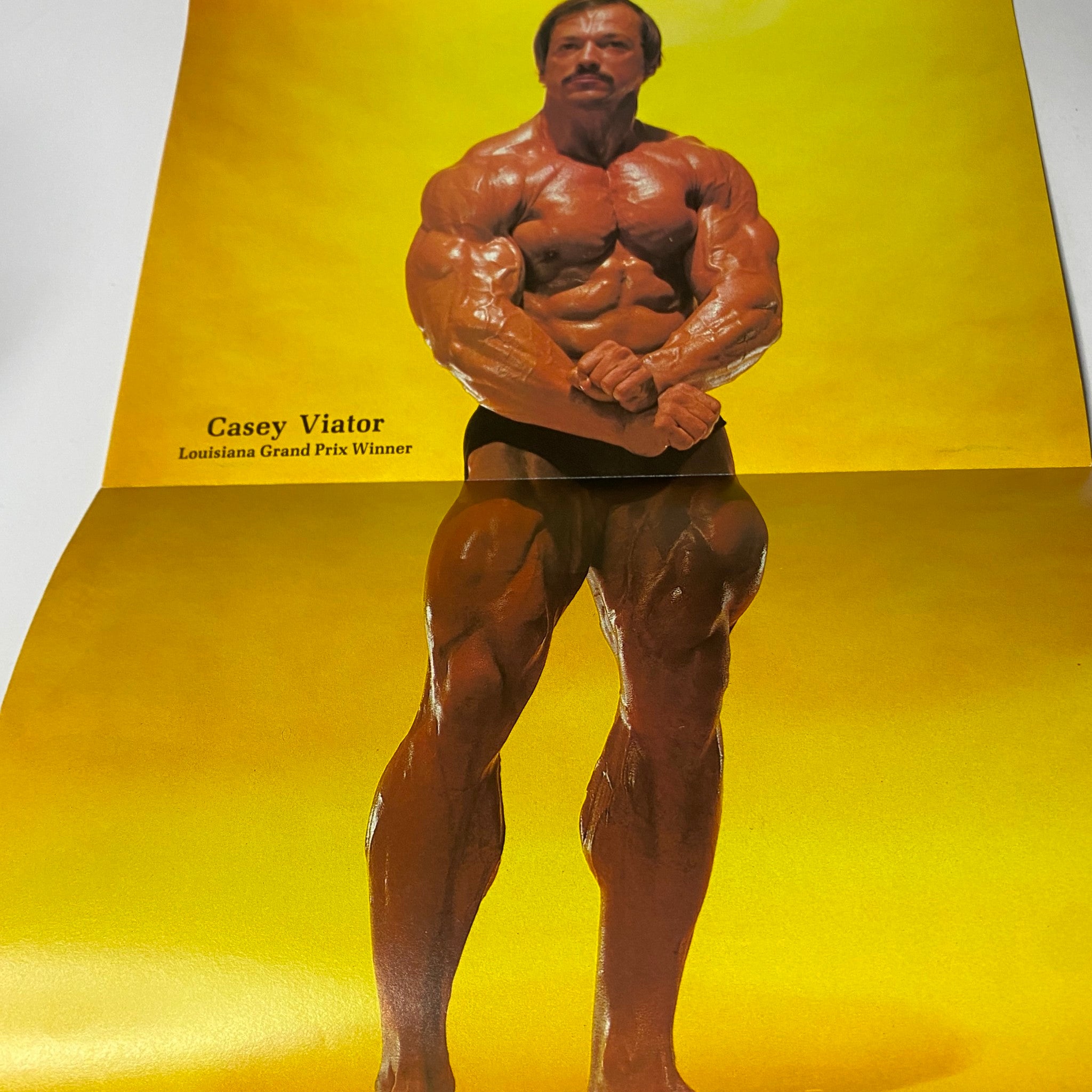 Poster of Casey Viator, Louisiana Grand Prix Winner, showcasing his muscular physique with a bright yellow background, featured in Muscle & Fitness Magazine June 1980.